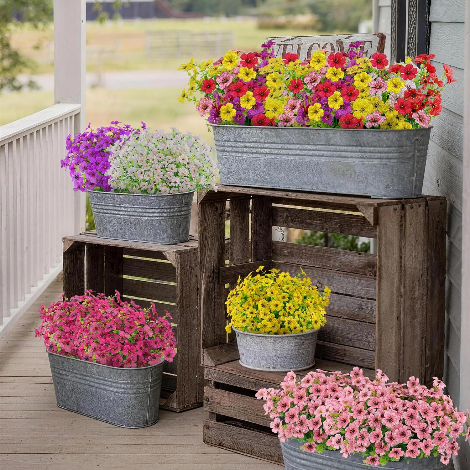 24 Bundles Artificial Flowers for Outdoors, UV Resistant Fake Flower Bulk, Outdoor Artificial Flowers & Plastic Plants for Hanging Garden Porch Patio, Spring Flores Artificiales Decoration