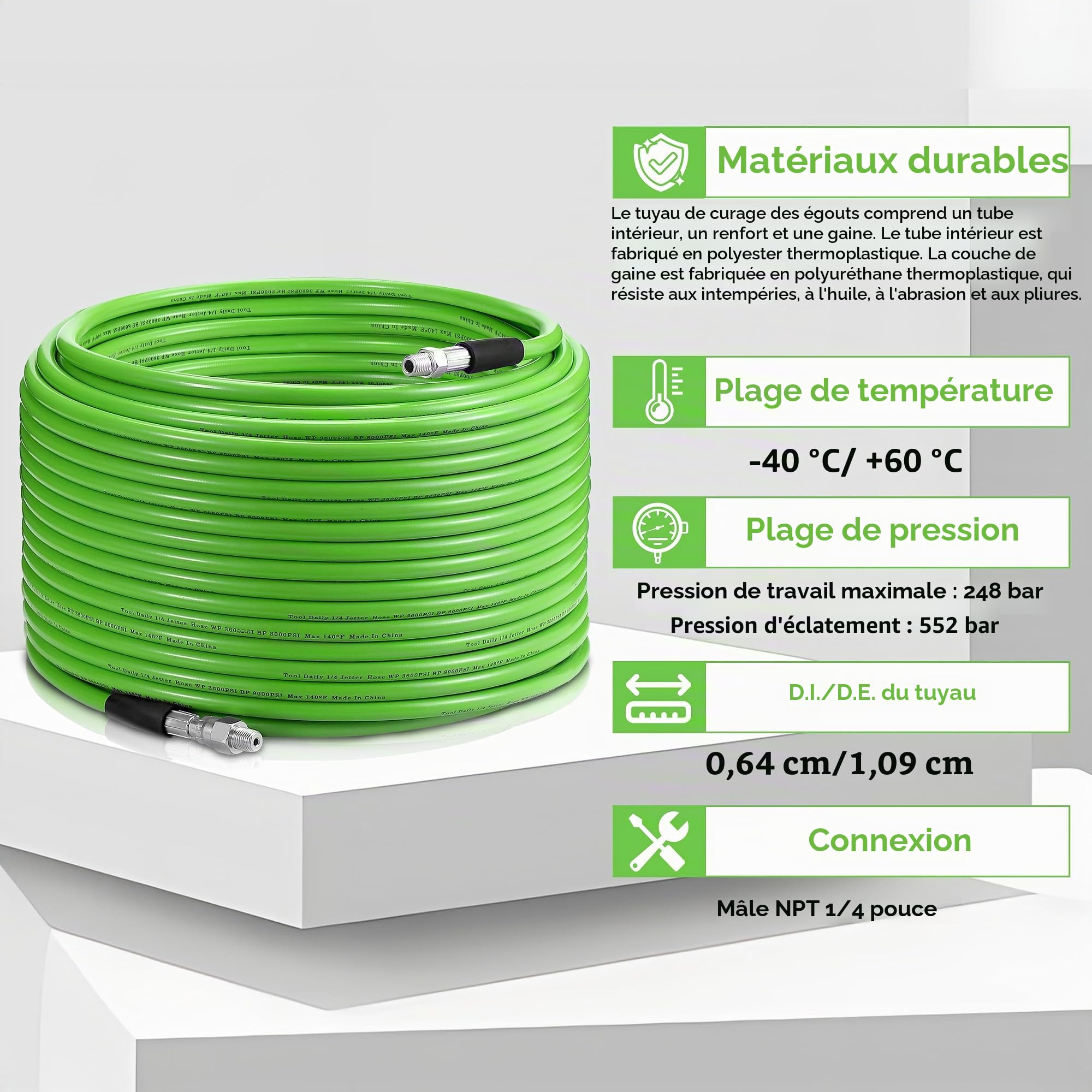 Tool Daily 15 m Tuyau Déboucheur Canalisation Haute Pression avec Pistolet | Furet Deboucheur Canalisation 1/4" NPT, Lance de Nettoyeur Haute Pression M22 14mm, 3 Buses de Jet d'Égout, 250 bar