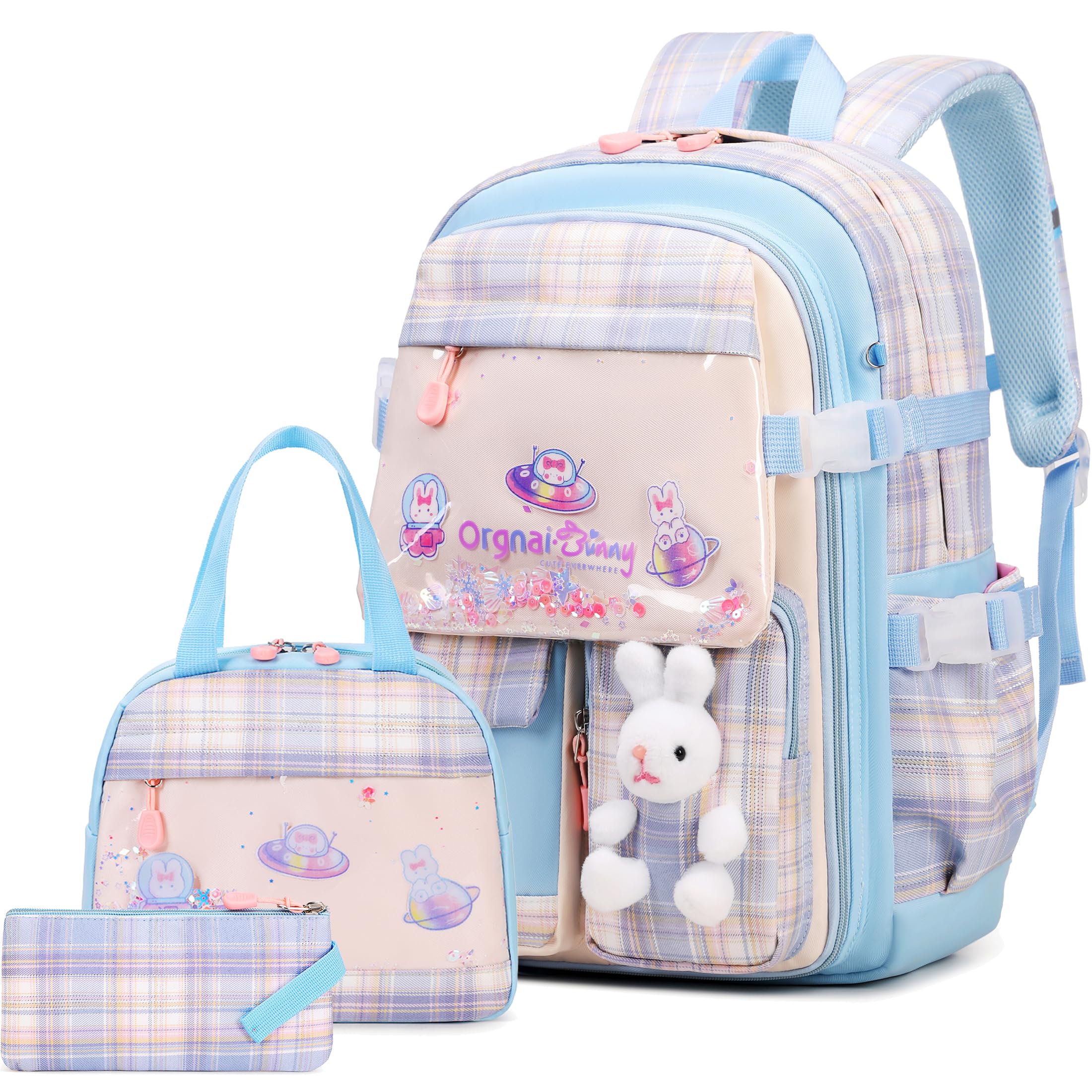 FIXITOK Girls Backpack Set, 3PCS Kids Backpacks for Girl, Kawaii Bunny School Backpack for Girls Kindergarten Elementary Preschool Middle School Bags