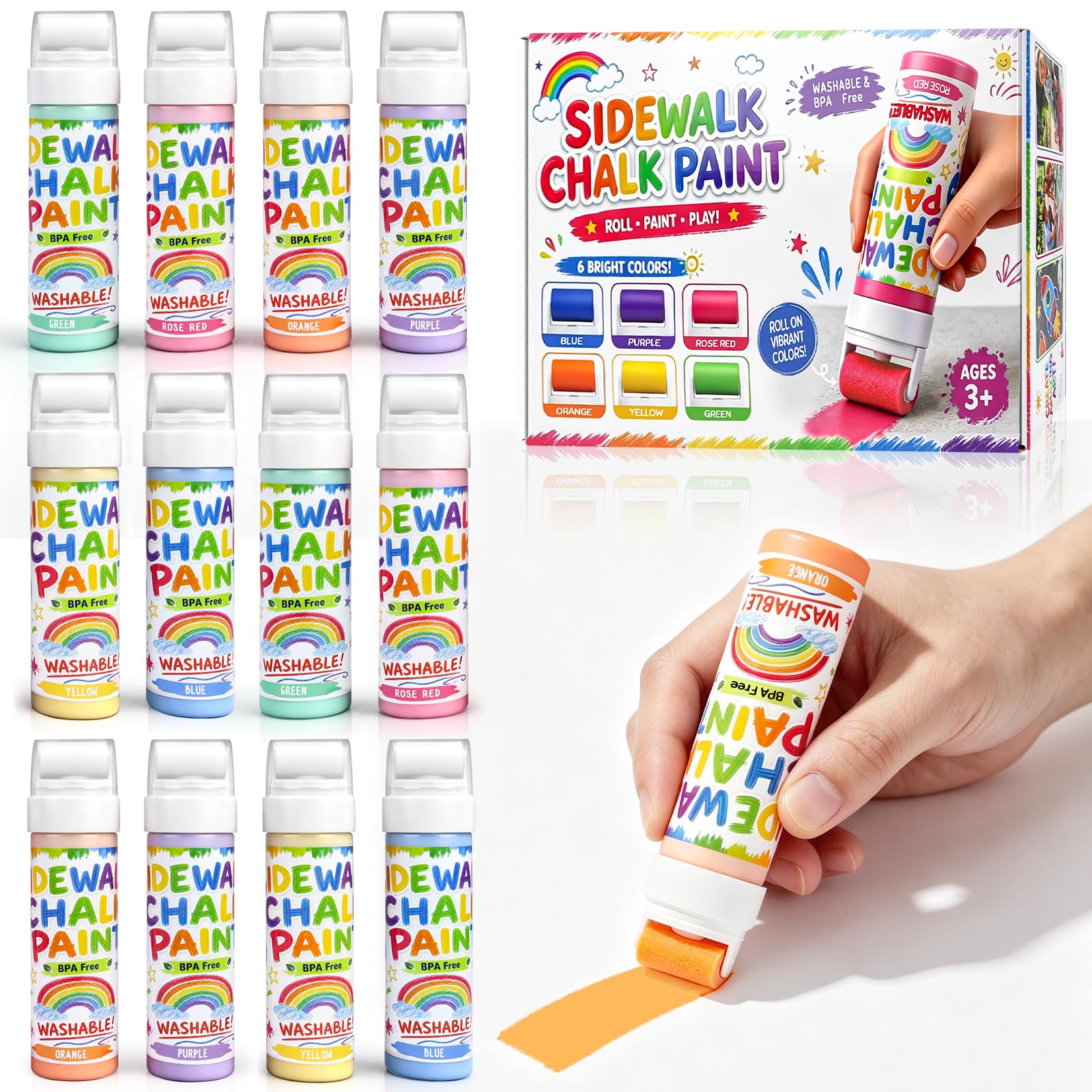 12 Pcs Roller Sidewalk Chalk Paint Set, Washable Powdered Chalk Mix in Water with Foam Rollers, Outdoor Art Graffiti Kit for Driveway, Playground and Sidewalk Paint (6 Colors)