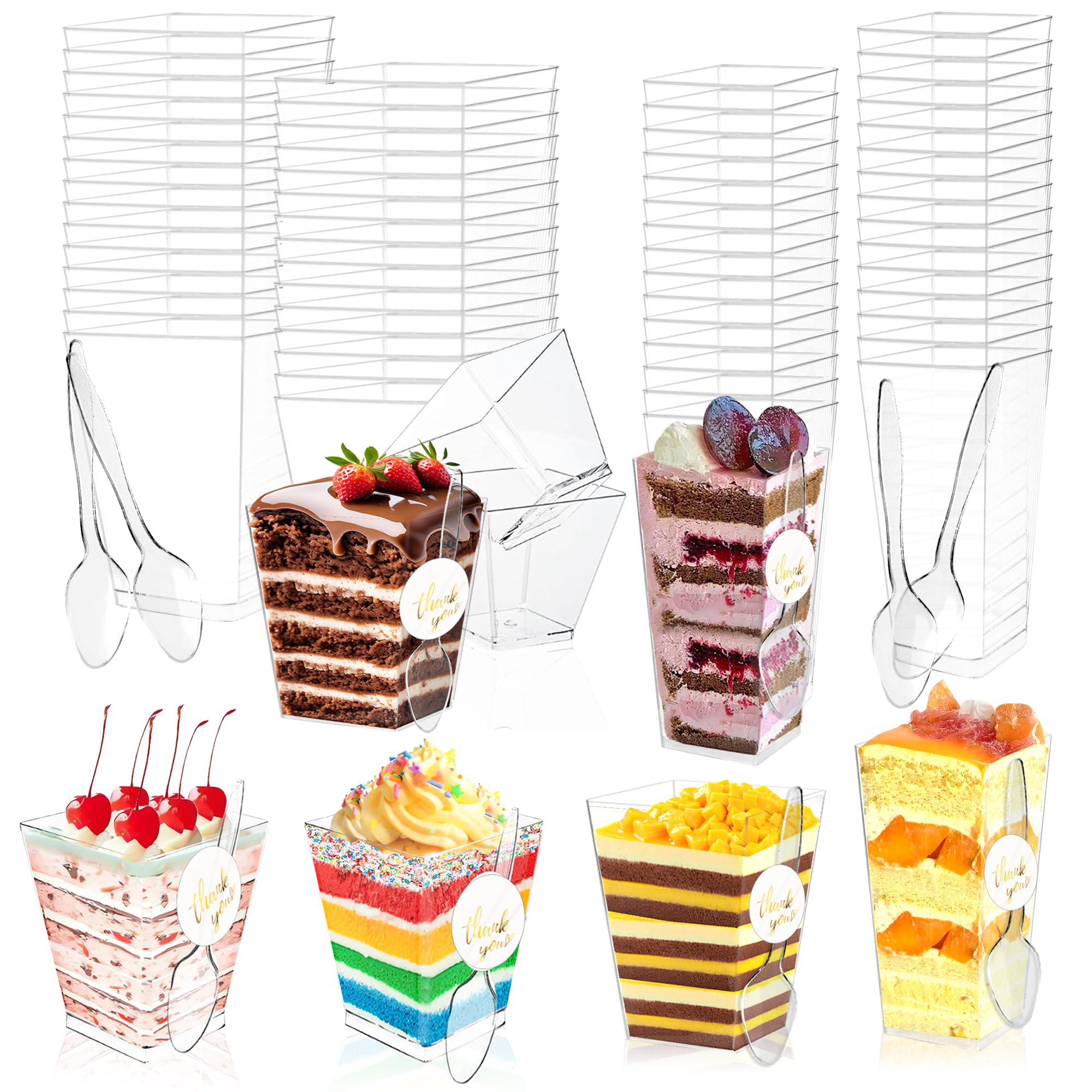 MOLDTAS Plastic Dessert Cups 50 PCS Mini Dessert Cake Cups with Spoons and Thank You Stickers Parfait Cups for Desserts Appetizers Ice Cream Fruit (