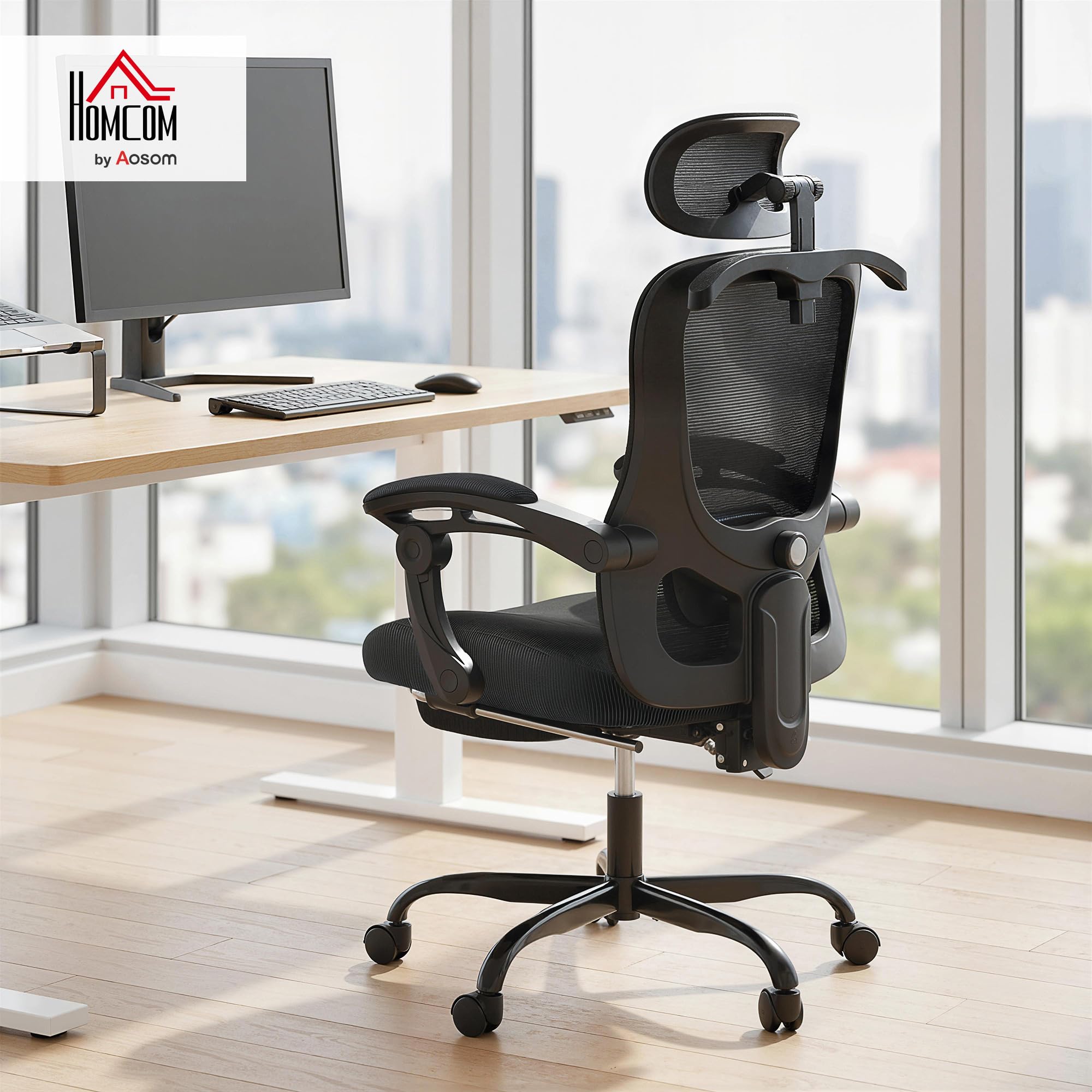 HOMCOM Chaise Bureau Ergonomique, Fauteuil de Bureau en Maille Noir