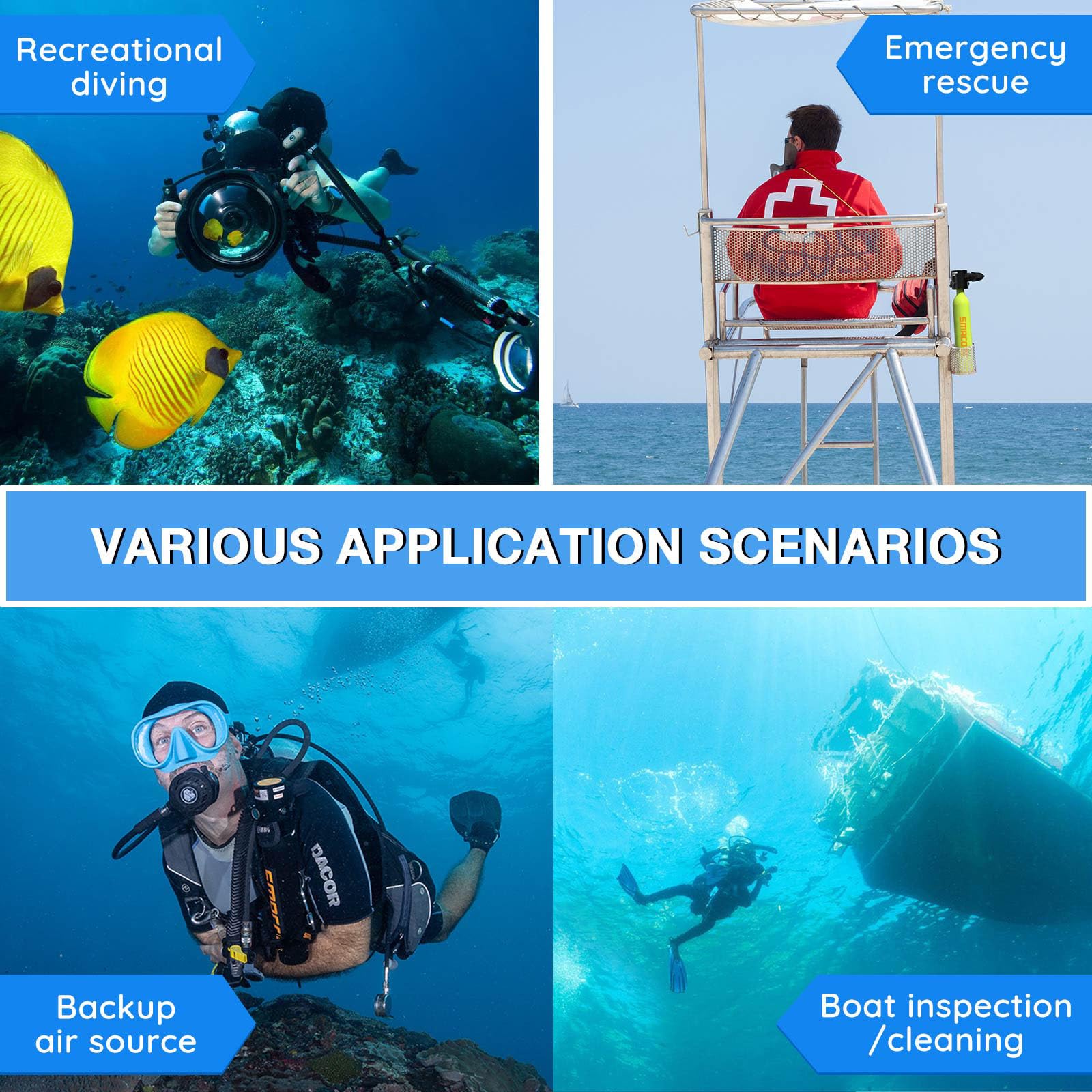 SMACO Mini Bombola Sub 0,5L Bombola Subacquea (2 Pezzi) per Immersioni Portatile Bombole Aria Sub Mini Scuba Tank per Soccorso di Emergenza Pulizia Imbarcazioni Fonte d'Aria di Riserva S300 Plus