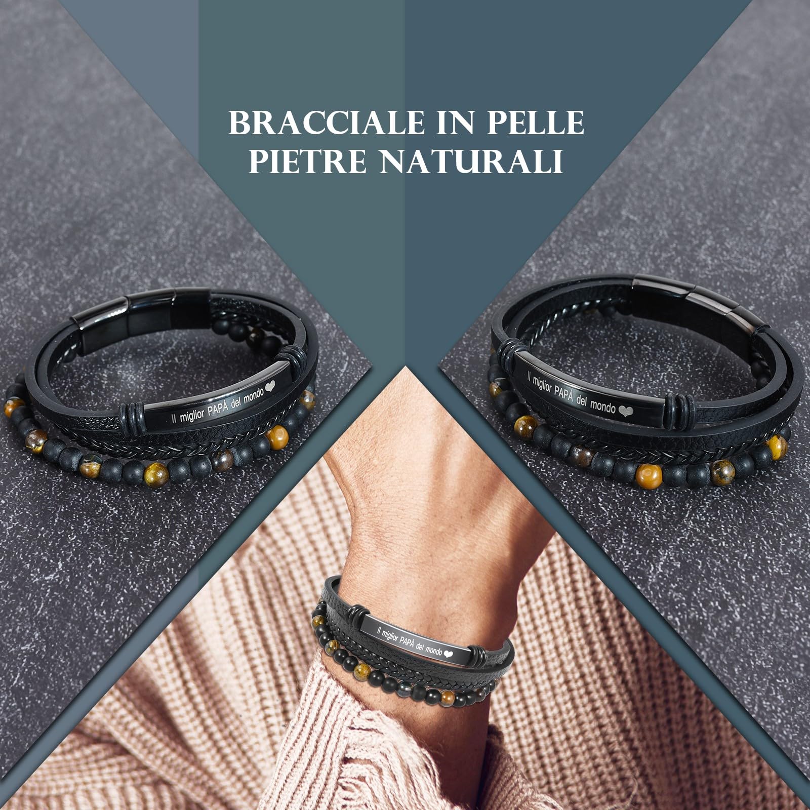 VGWON Regalo Uomo Bracciale da Uomo in Vera Pelle con Pietre Naturali, Regalo per Lui Marito Fidanzato Figlio Papà Nonno, Regalo San Valentino Compleanno Natale Anniversario