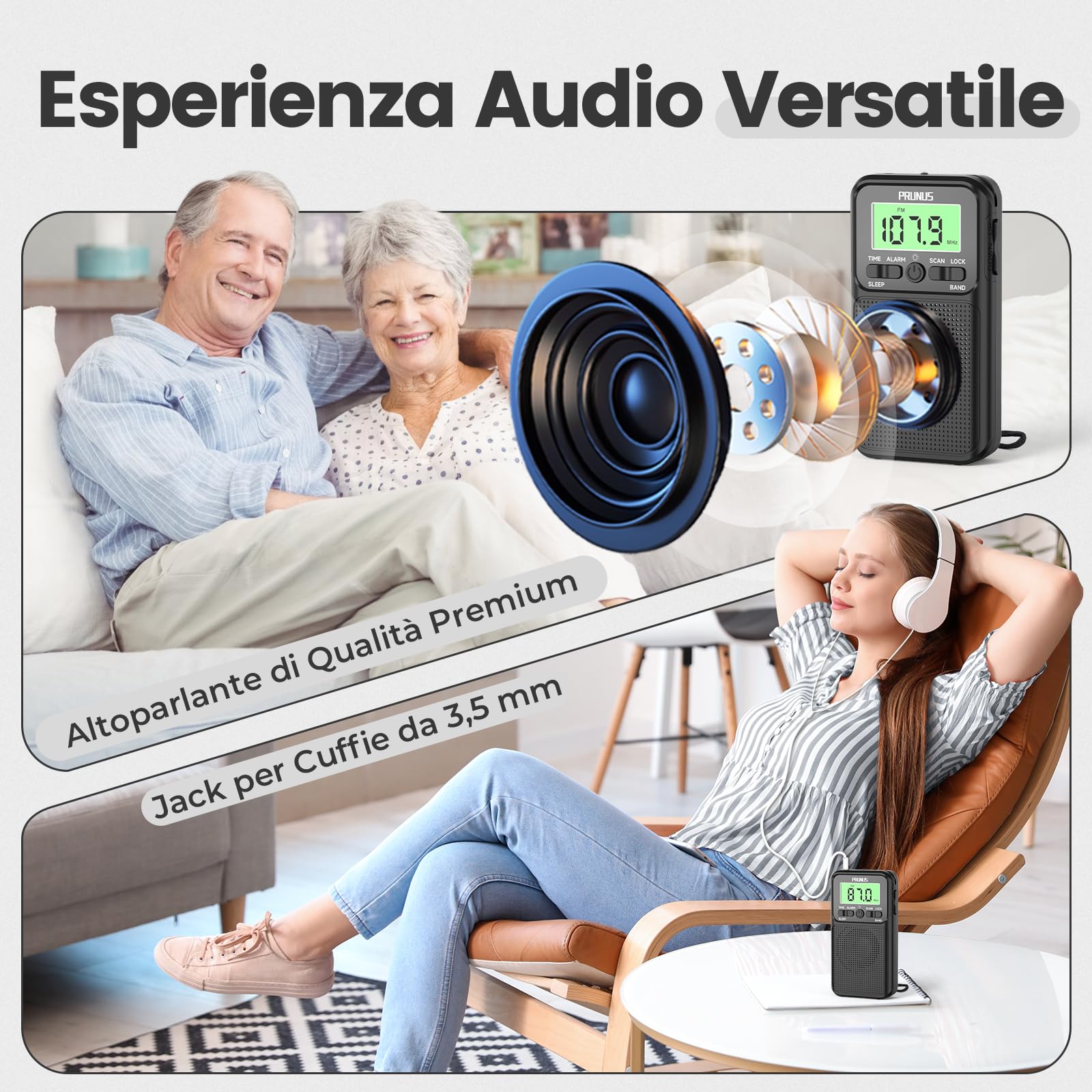 PRUNUS J-128 Radio Digitale Portatile FM/AM, Radiolina Portatile Piccola, Mini Radio a Pile (AA) con Sveglia, Timer per il Sonno, Jack per Cuffie, Blocco a Chiave, per Camminare,Pescare,Viaggi (Nero)