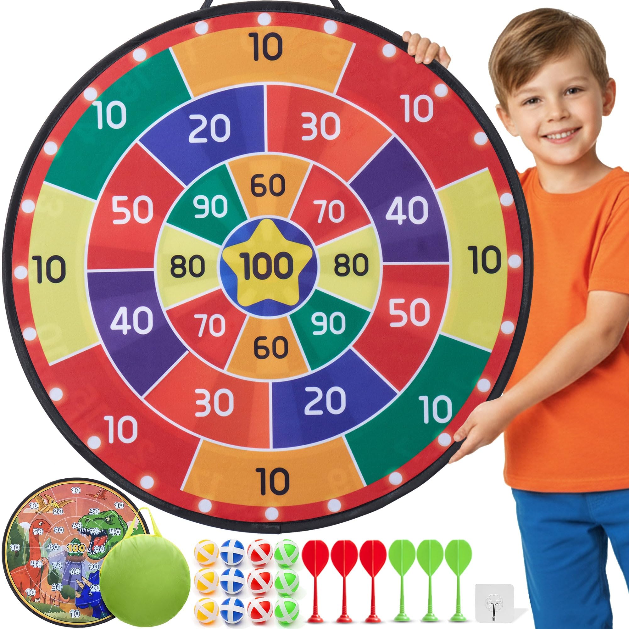 Cheerful Children Toys Jumbo Kids Dart Board Set XL or XXL, Large Velcro Dart Board with Reversible Designs, 16 Sticky Balls & 6 Darts - Indoor & Outdoor Garden Games for Ages 3-8 (Dinosaur-2, 73cm)
