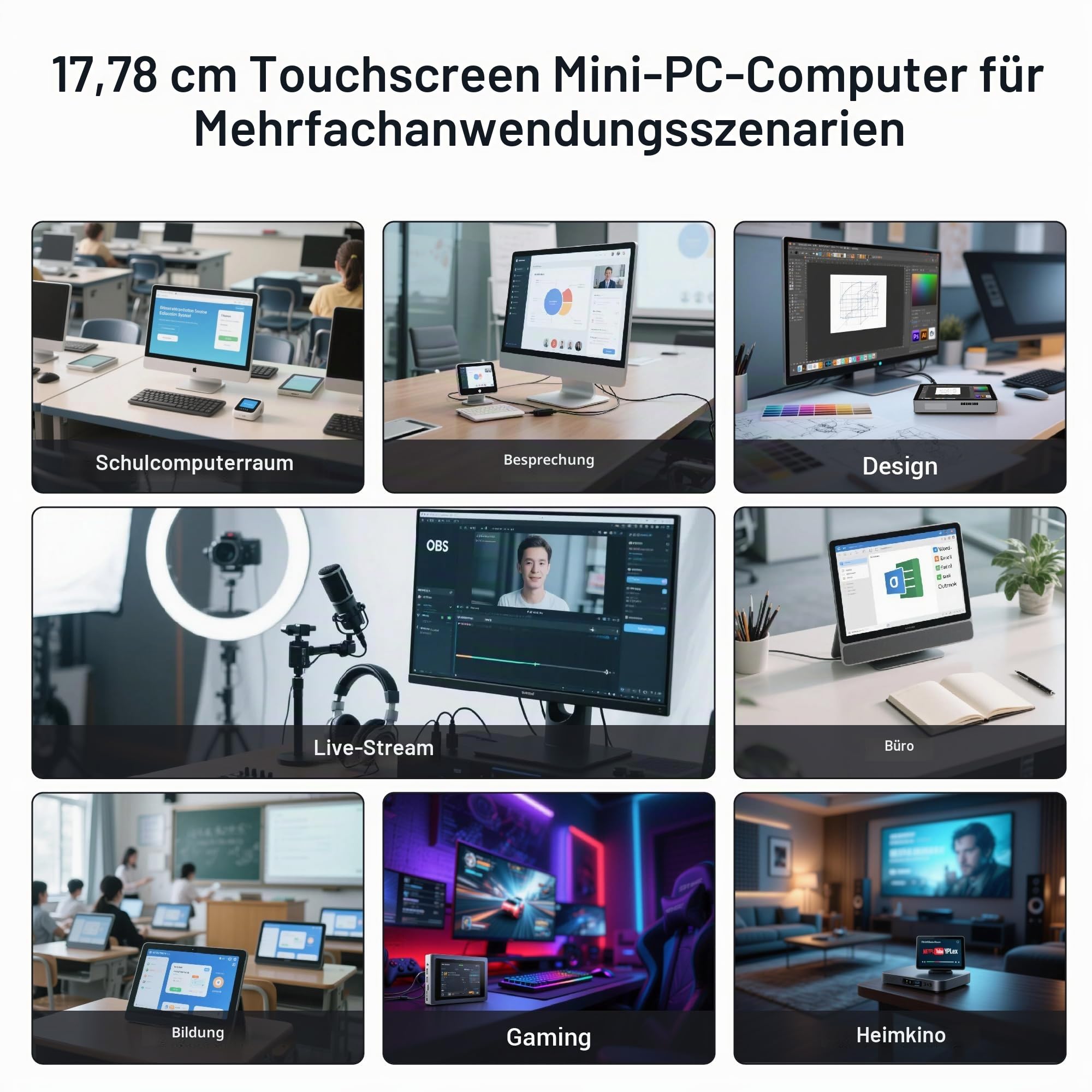 Mini Computer PC Mini PC Desktop Celeron N95, 16GB RAM 256GB eMMC, Win 11 Pro Mini-pc mit 7 Zoll Touchscreen HD 1280x800, Dualer 4K Display Ausgang, HDMI, USB-C, Wifi5,0, Duales LAN
