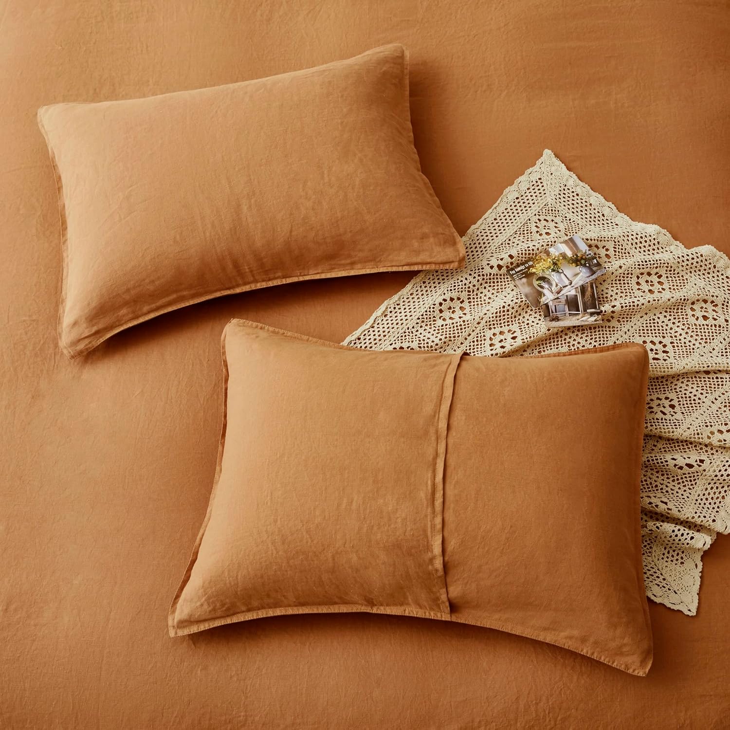 ATLINIA 100% Flax Linen Duvet Cover Set - Stone Washed Pure French Linen Organic Fabric for Farmhouse Comforter Boho Bedding Included 1 Duvet Cover 2 Pillow Shams(Rust, King)