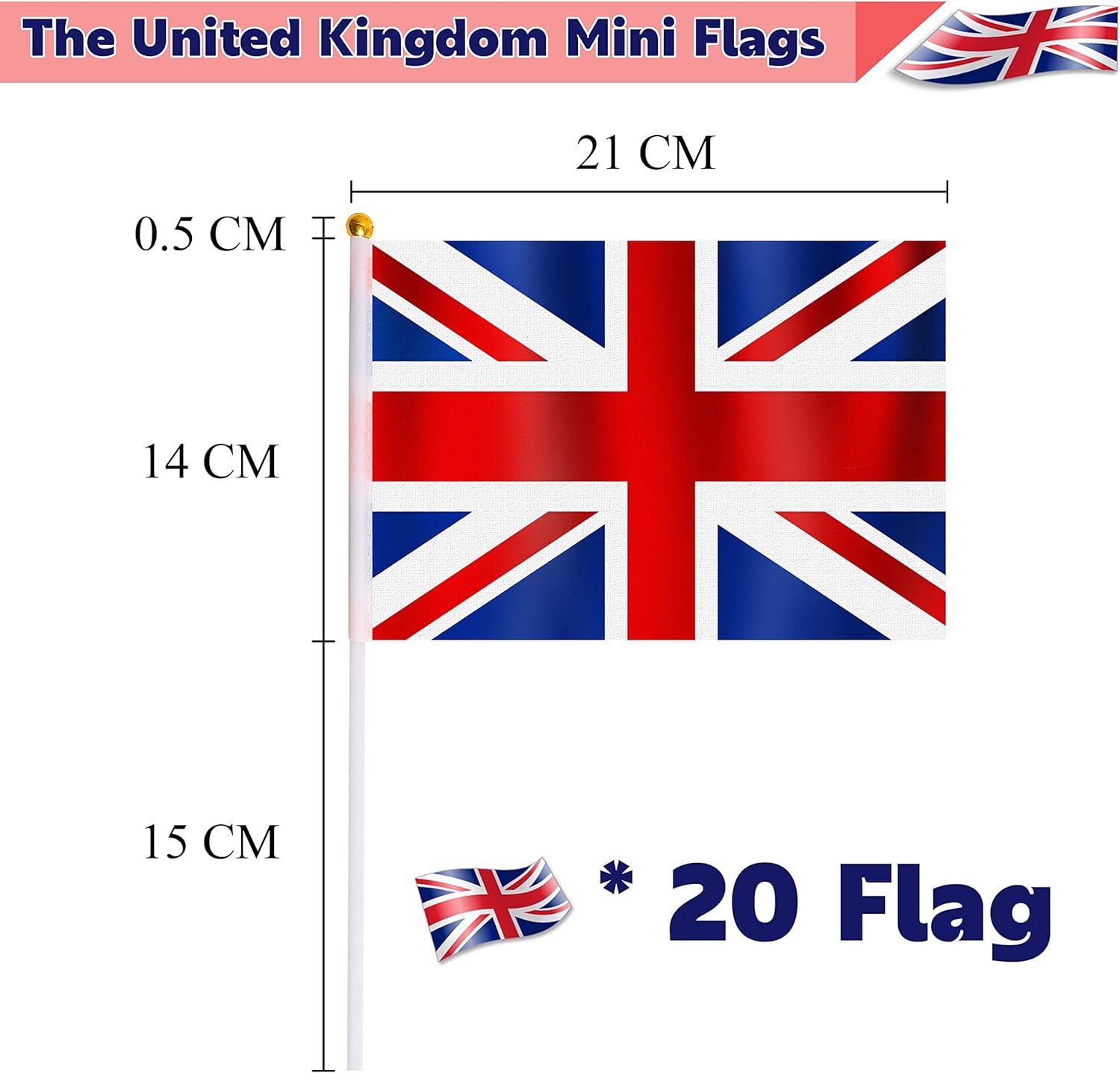 20Pcs Small Union Jack Flags Jubilee Flags On Sticks,Handheld Union