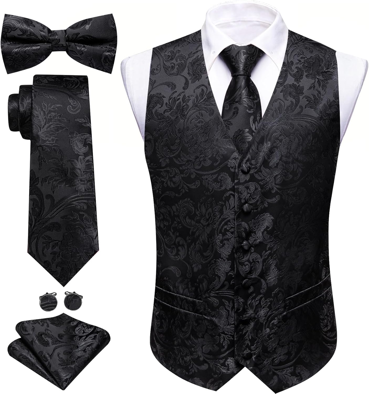 Barry.Wang Men's Suit Vest Tie Bowtie Set Formal Silk Paisley Waistcoat Hanky Cufflinks Lapel Pin Set Wedding Party 7PCS - Image 3