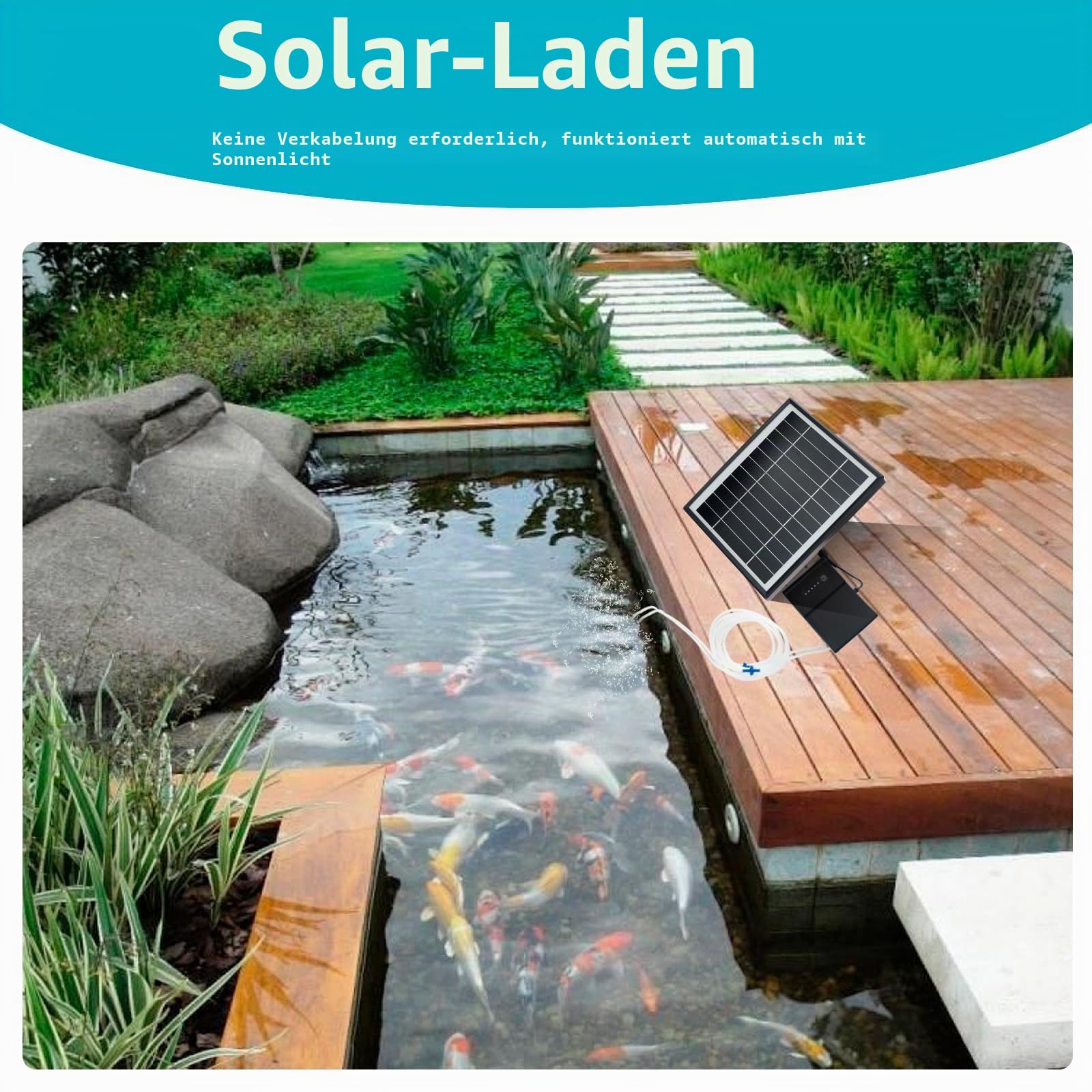 Solar Luftpumpen, Type-C-Laden und Solarladen sind verfügbar, 5W Oxygenator Aquarium Luftpumpe Angelbelüfter mit Rohr Luftblasensteinen, Teich Sauerstoffpumpe Solar