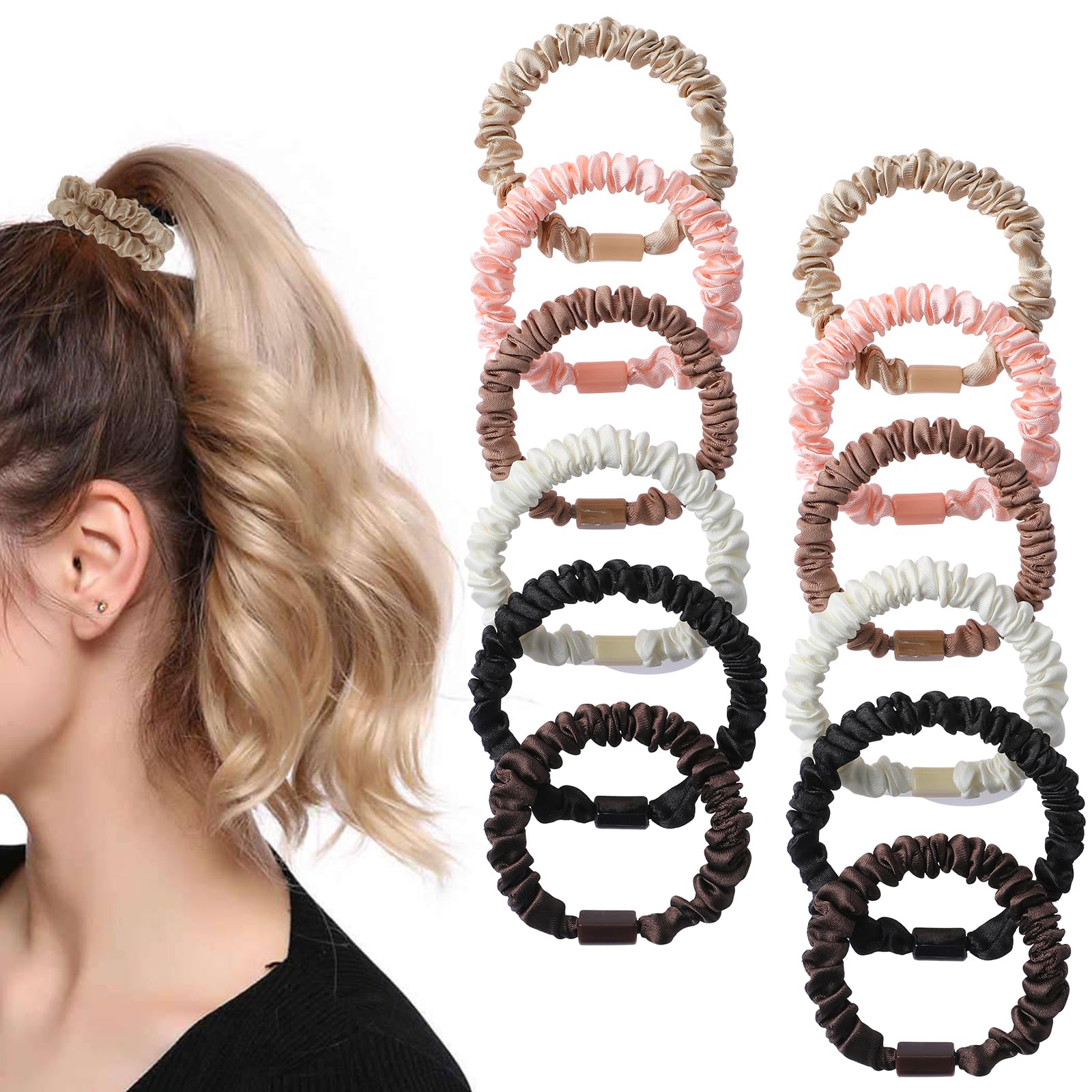 12Pcs Silk Skinny Scrunchies Set 100% Pure Mulberry Silk Hair Ties For Girls Elastics Hair Bands Ponytail Holders Cute Soft Satin Sleepy Hair Scrunchie For Women Girls Thick Thin Curly Hair No Damage