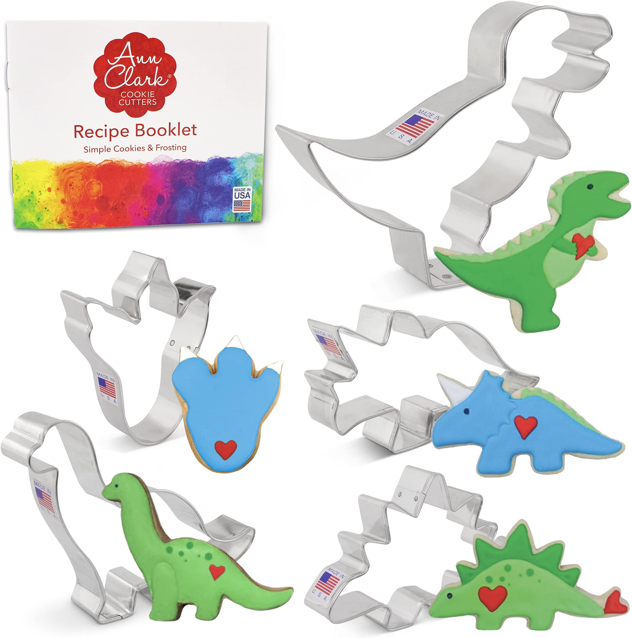 Ann Clark Dinosaur Cookie Cutters 5-Pc Set (Triceratops, Stegosaurus, T-Rex, Brontosaurus, Dino Footprint) Made in USA