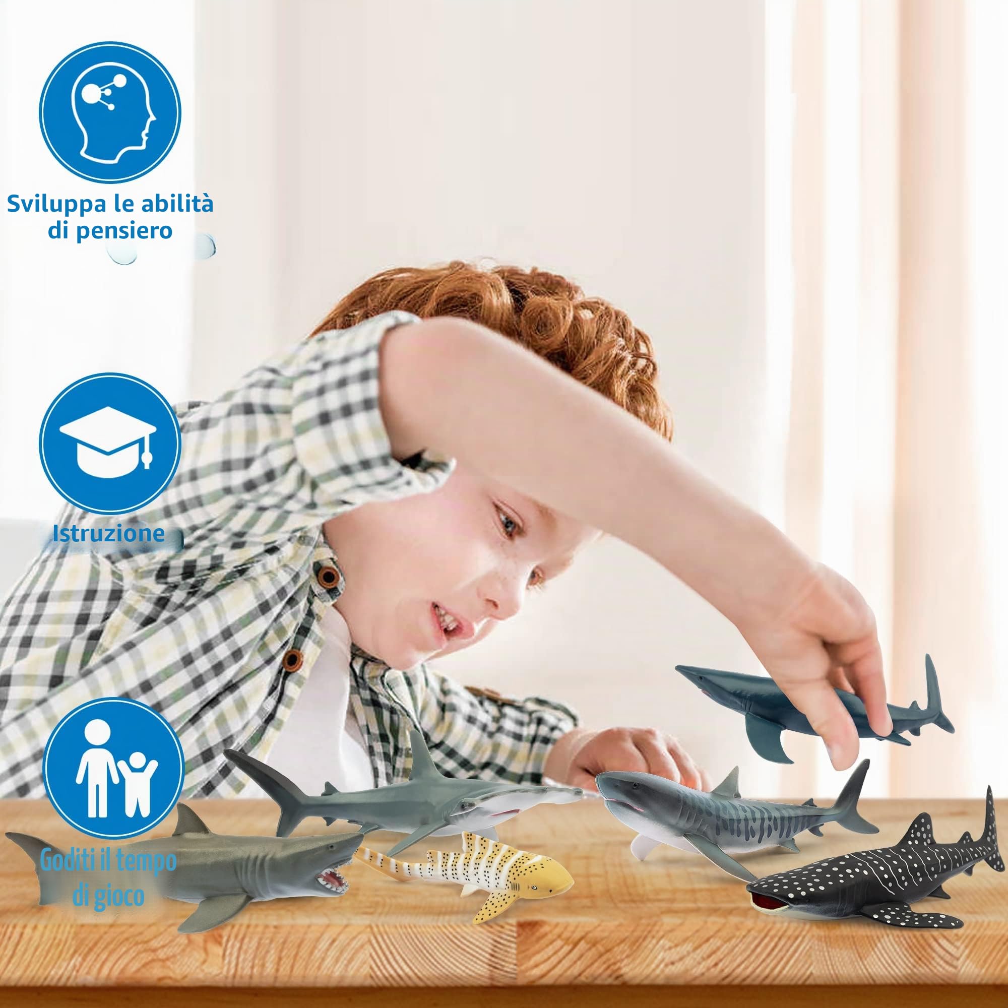 TOYMANY Set di 6 personaggi di squalo con animali marini, giocattolo da 12 a 14 cm, realistico, giocattolo di squalo per bambini, per giocare o come decorazione