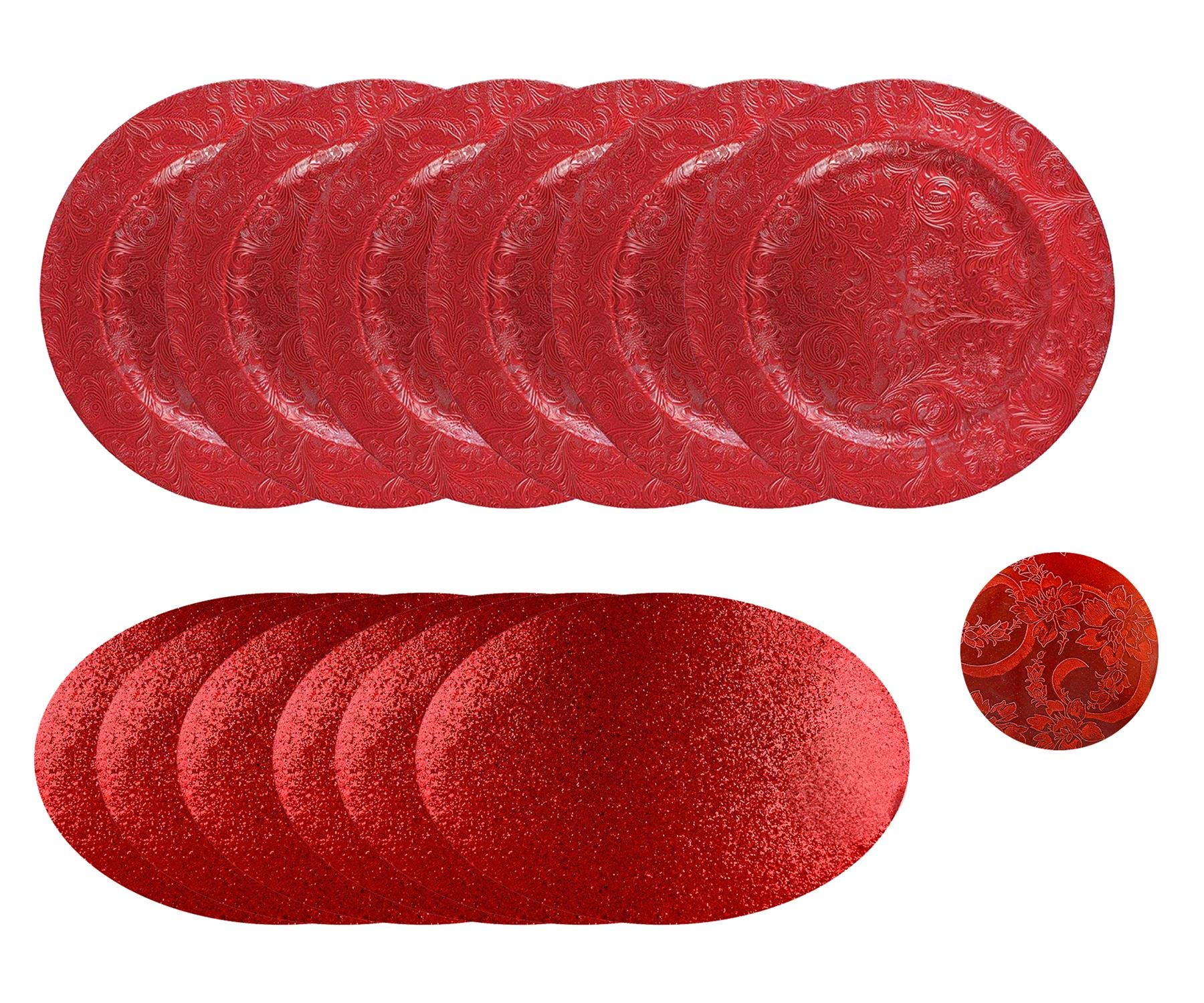 Yöl Red Christmas Placemats Charger Plates 12Pc Set Festive Tableware Embossed Decorative Xmas Re-Usable
