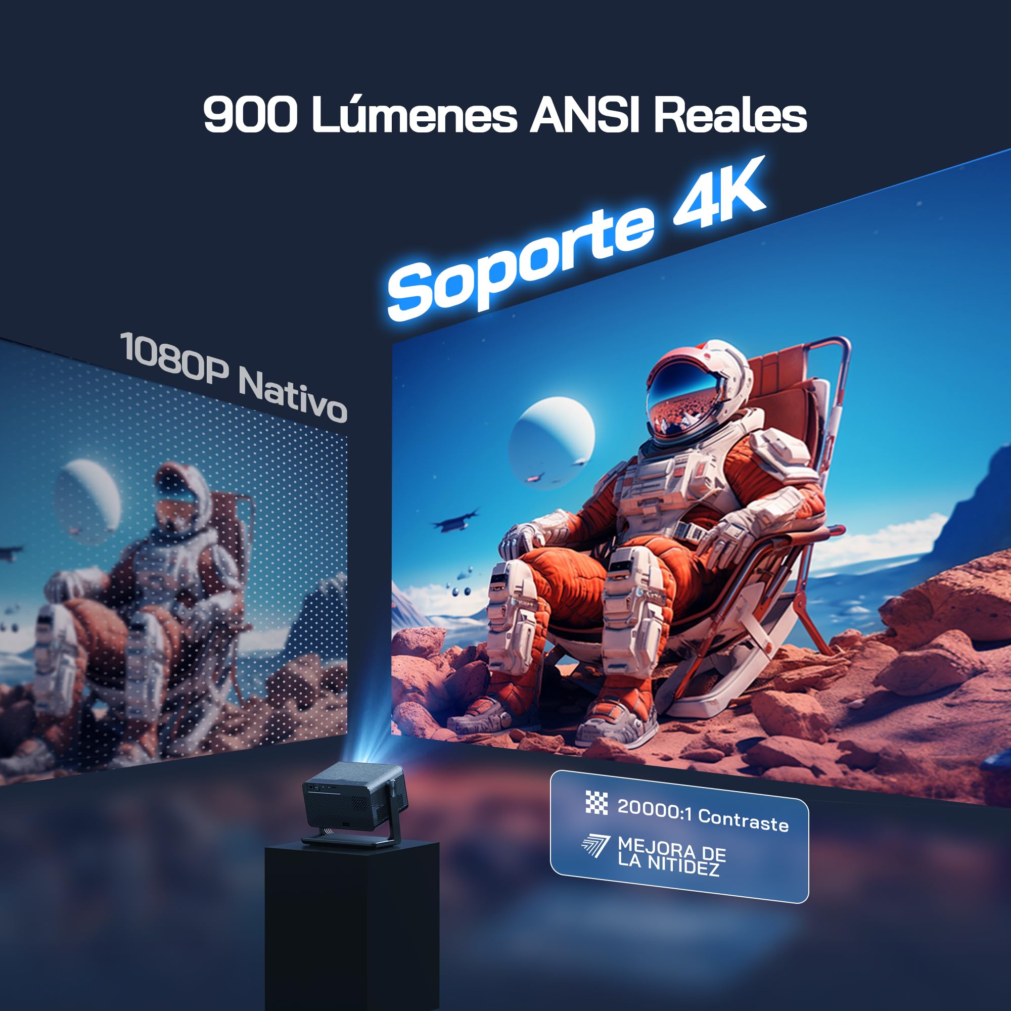 WOLFANG Proyector Portátil 4K, 28000 Lúmenes, Apps Integradas, WiFi/Bluetooth, Enfoque Eléctrico y Corrección Keystone Automática, Rotación 180°, Mini Proyector para Cine en Casa, HDMI