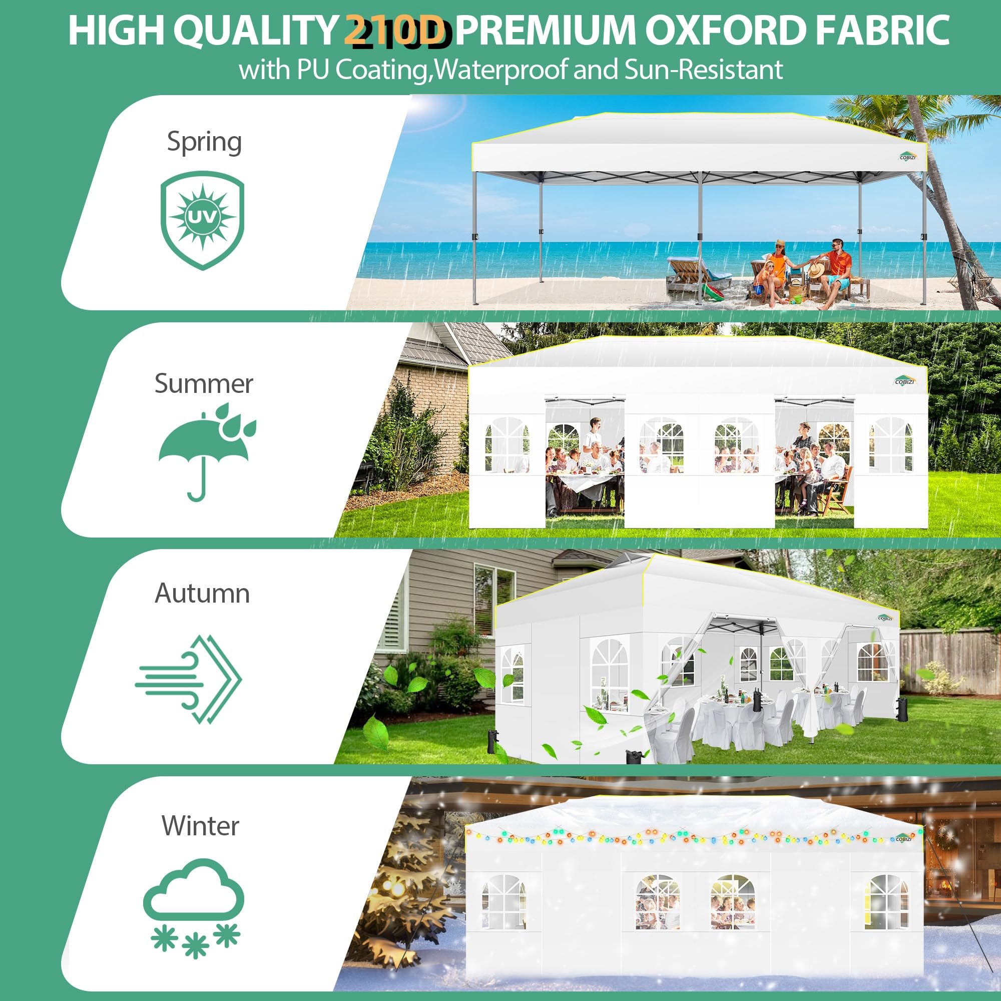 COBIZI Gazebo 3x6m Pieghevole Impermeabile, Esterno Resistente Una Sola Spinta Protezione Uv 50+,Giardino Consacco di sabbia,Campeggio Con Borsa Per Il Trasporto,Bianco