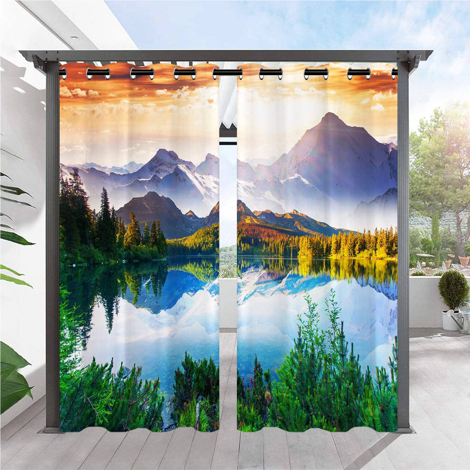 ANHOPE Outdoor Curtains Waterproof Eyelet Ring Top Drapes Nature Scenery Forest Lake Mountain Print Pattern Privacy Outside Curtains for Garden Patio Gazebo Pergola Porch Pool 2 Panels 36 x 84 Inch โ image 1