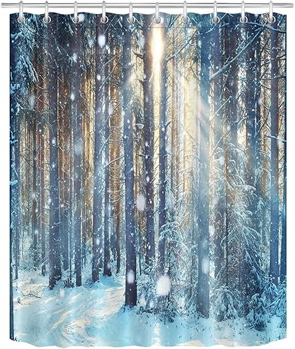 LB Juego de cortina de ducha de invierno, diseño de árbol de madera de bosque de selva en nieve, ganchos para cortina de baño, 60 x 72 pulgadas,