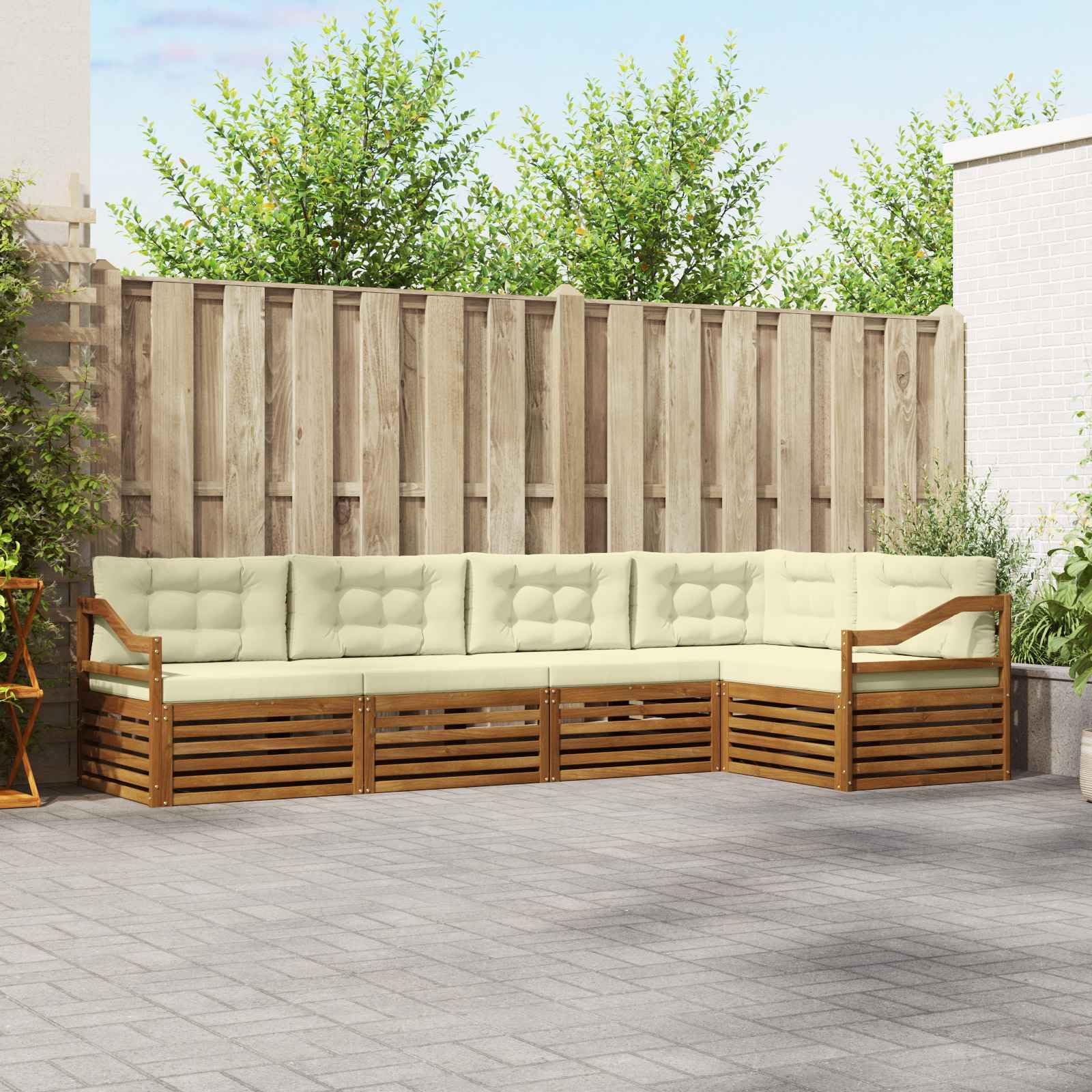 Gartenmöbelgarnitur mit 5 Sitzkissen und Armlehnen für Terrasse Balkon und Garten, wetterfestes Akazienholz Set mit modularen Sofas und Kissen