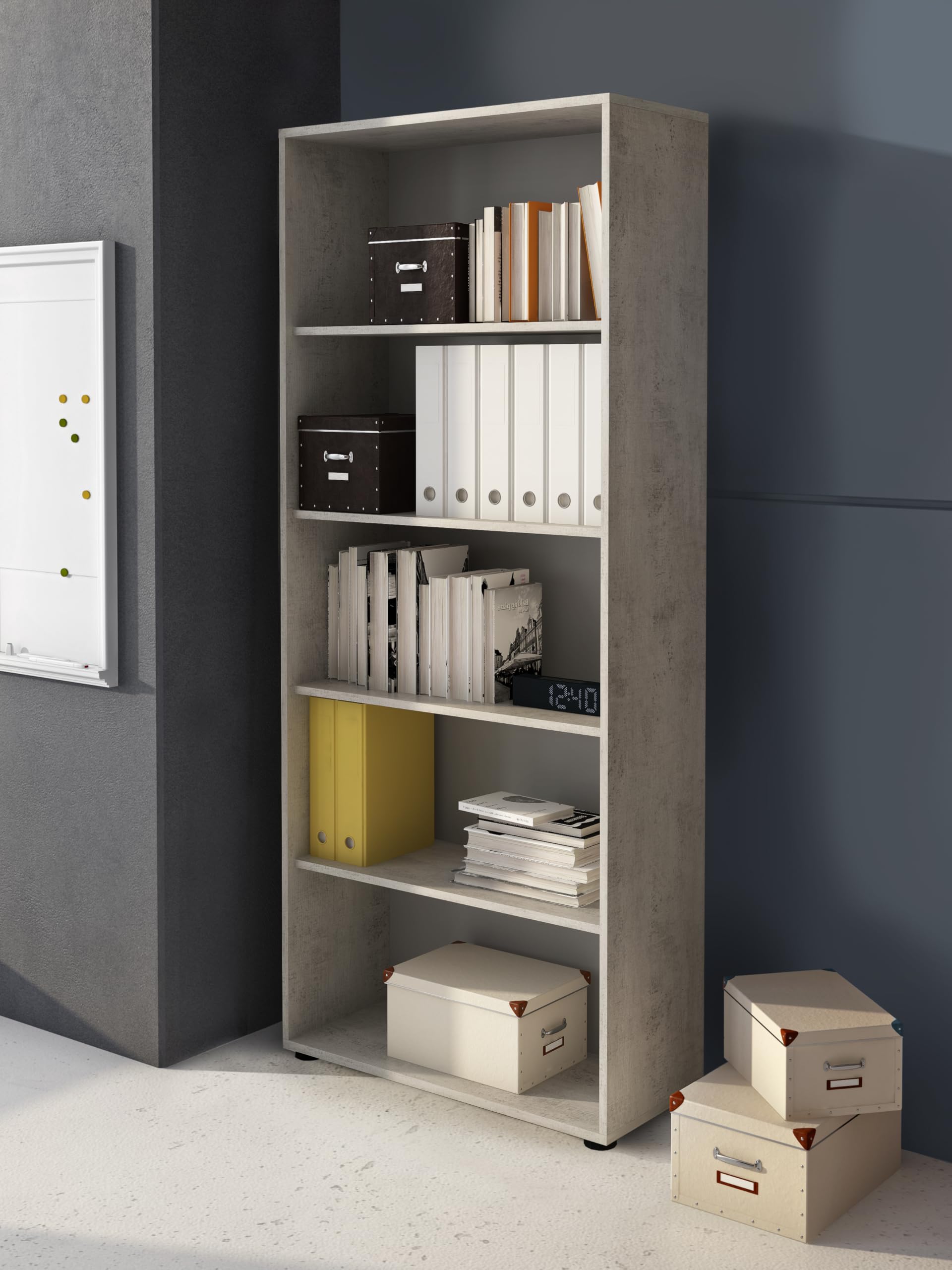Bricozone Set Ufficio Moderno Completo In Cemento E Bianco Frassinato Con Scrivania Angolare Cassettiera Libreria E Armadi In Melaminico Antigraffio Arredo Professionale Per Home Office E Studi