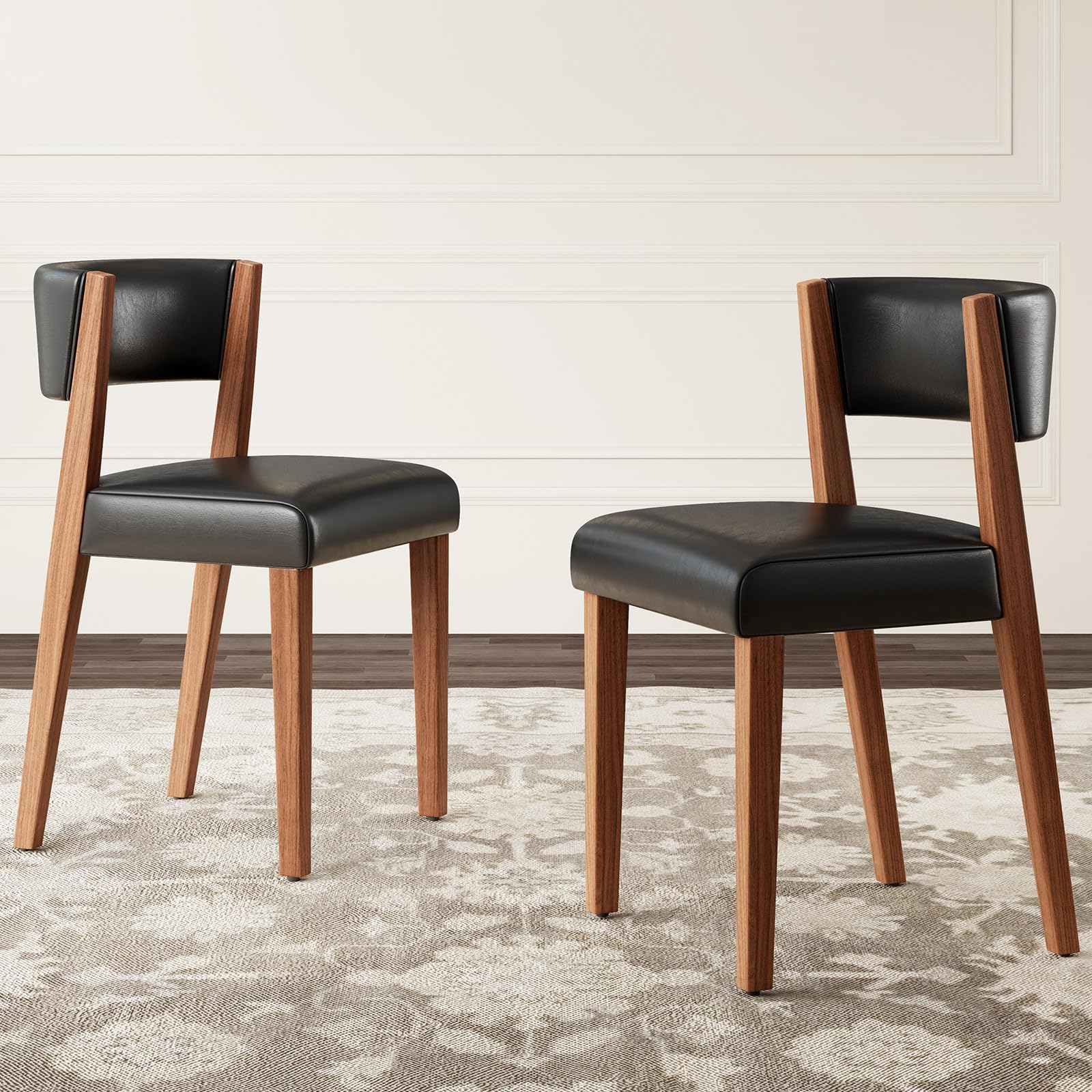 AMERLIFE Upholstered Dining Chairs Set of 2, Mid-Century Modern Kitchen Chairs with Curved Backrest, PU Leather Dining Room Chairs with Pine Wood Legs, Black