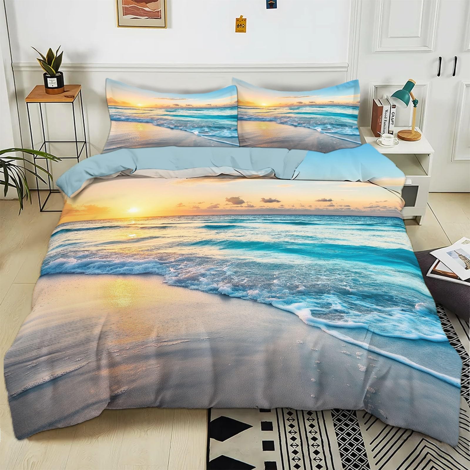 Housse de couette plage 3d 220x240 pour s'endormir face au coucher du soleil