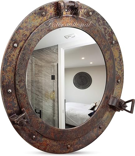 Miniatura 2 de Nagina International Espejo náutico de buey náutico de alta calidad con diseño de náutica de cobre rústico  Espejos de baño náuticos (12 pulgadas,