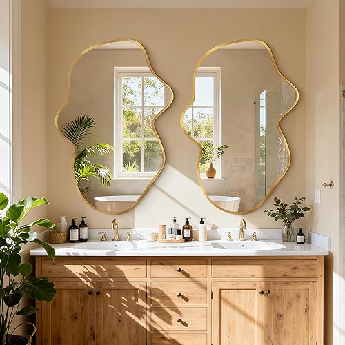 Miniatura 13 de Espejo de pared irregular, espejo abstracto ondulado dorado para baño sobre el fregadero, espejo de pared decorativo en forma de nube, elegante