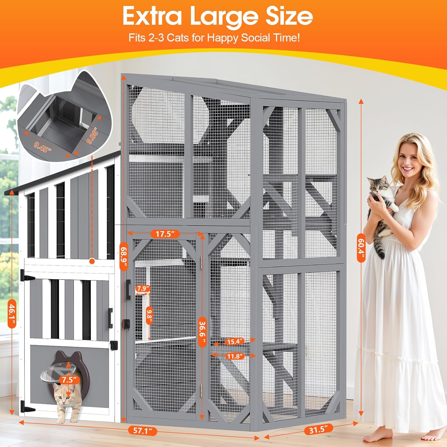69"H Catio 3 Tiers Large Cat Enclosures House for Outdoor Indoor Use, Feral Cats Shelter with Window Access, Adjustable Two-way Access Hole, Weatherproof Roof, 3 Resting Rooms, 3 Platforms