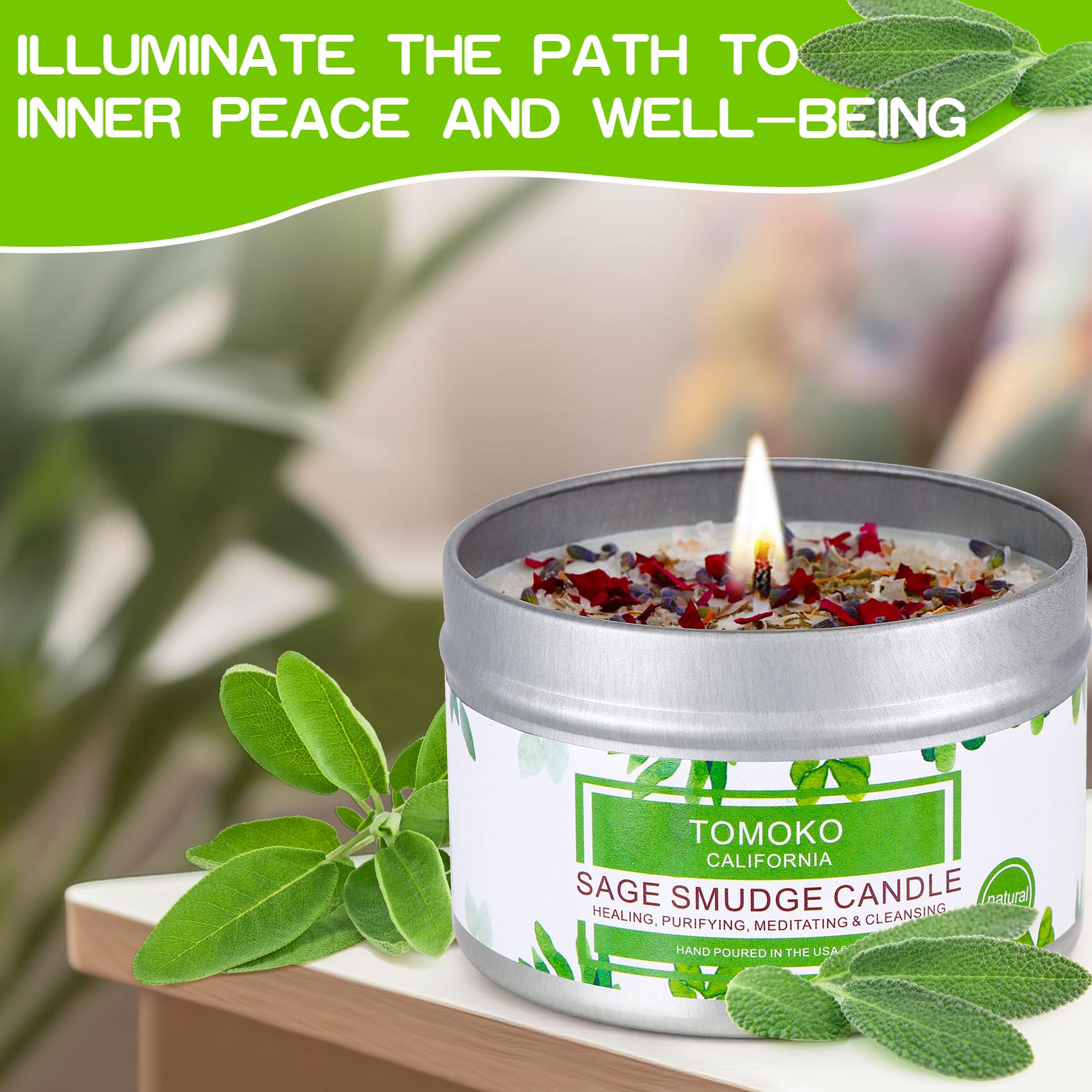 White Sage Candle 4 Pack, 220 Hours Burn Time, Sage Leaf, Rose, Lavender, Himalayan Salt & Essential Oil