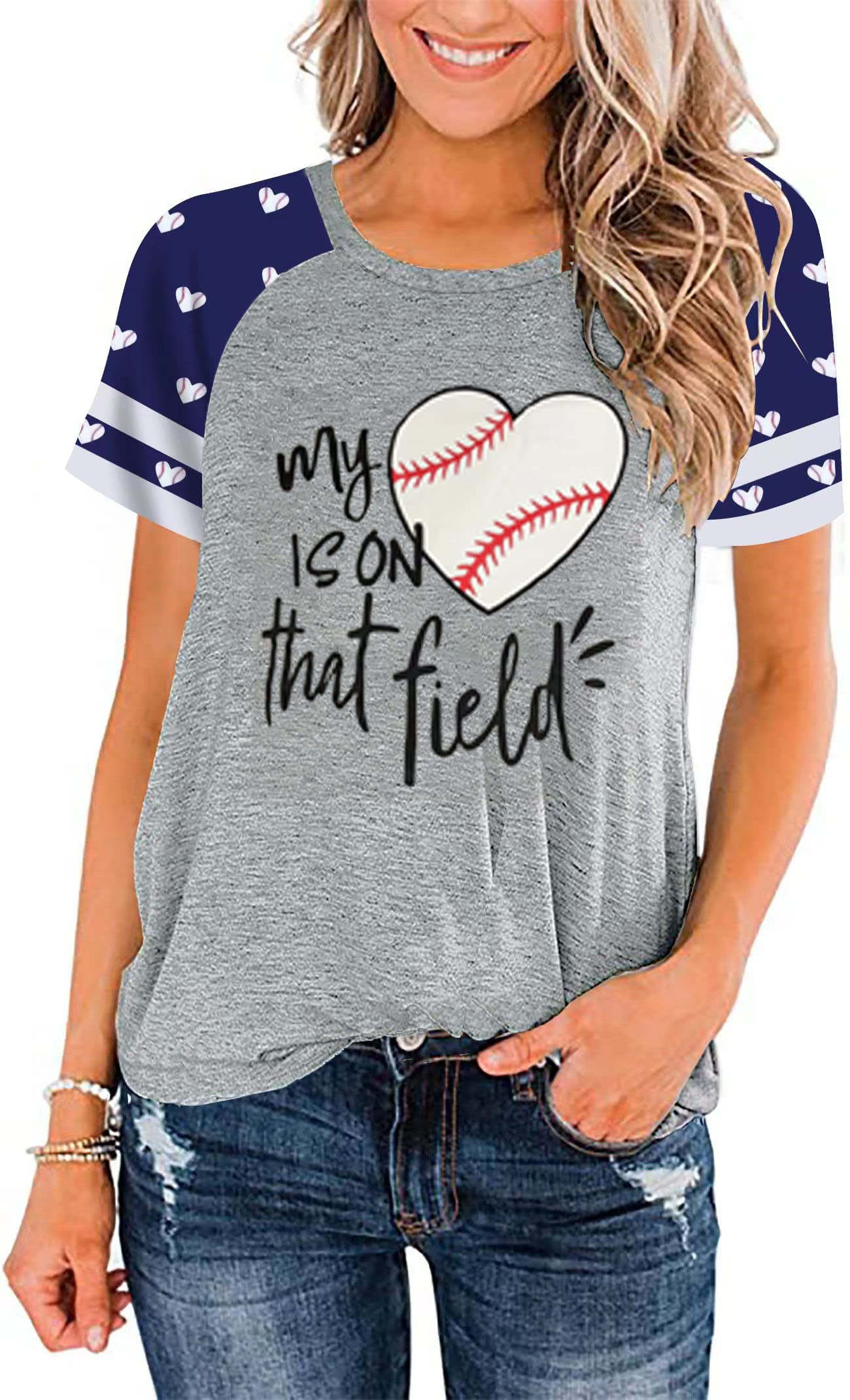 HEYOBaseball Shirt Game Day Tees My Heart is On That Field Letter Print Tee Swing for The Fences Baseball Mom Short Sleeve Tops