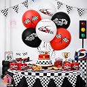 Party Warehouse Racing Car Balloon Set for Birthday - 5Pcs | Race Theme Foil Balloons for Race Lovers | Tyre & Checkered Flag Balloons for Kids/Adults Party Decorations | Red, Black & White gallery image