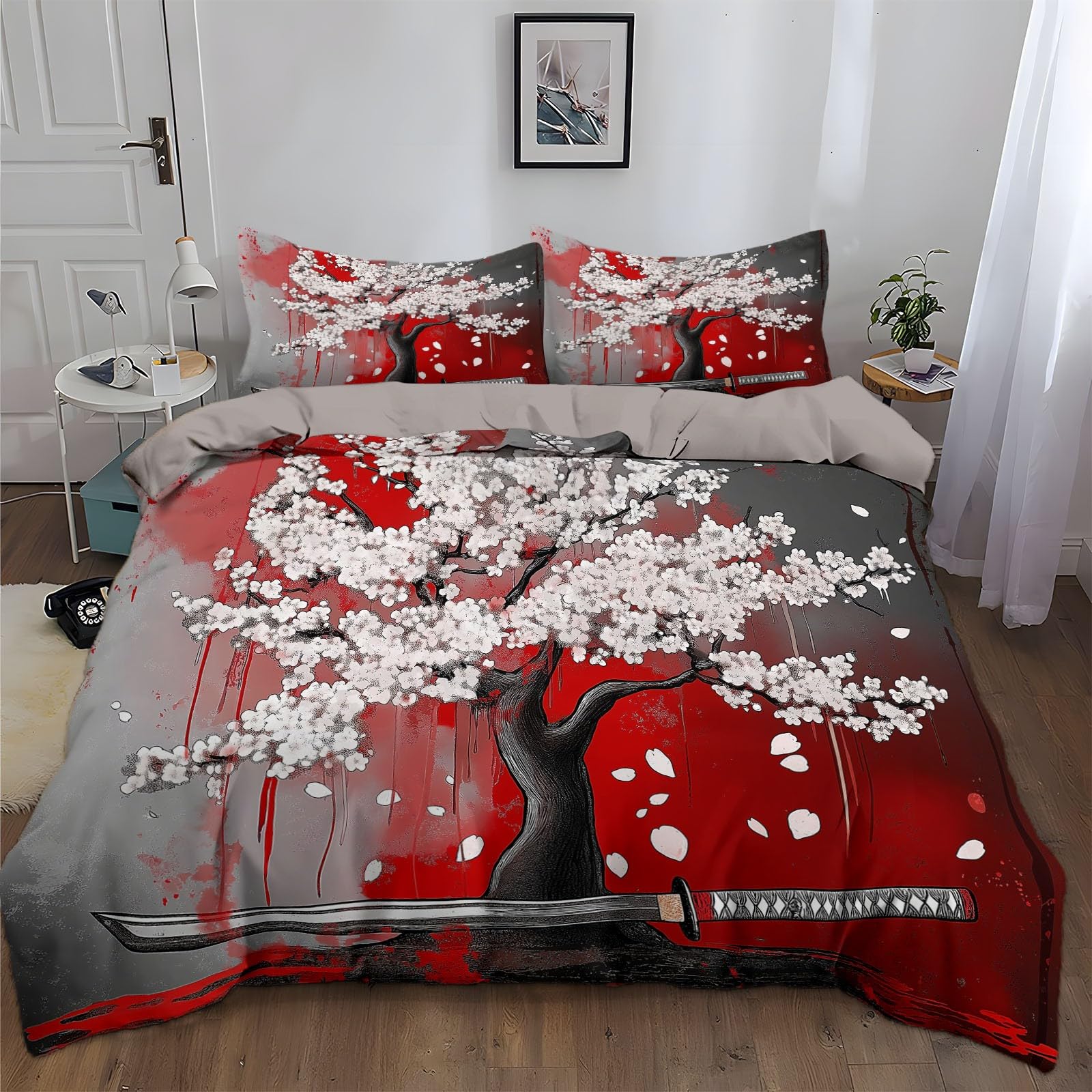 Duvet Cover Twin Size Flower Tree Samurai Sword Bedding Duvet Cover Set Room Decor Bedspread Cover Comforter Cover for Kids Teens, Quilt Cover 3D Bedding Set