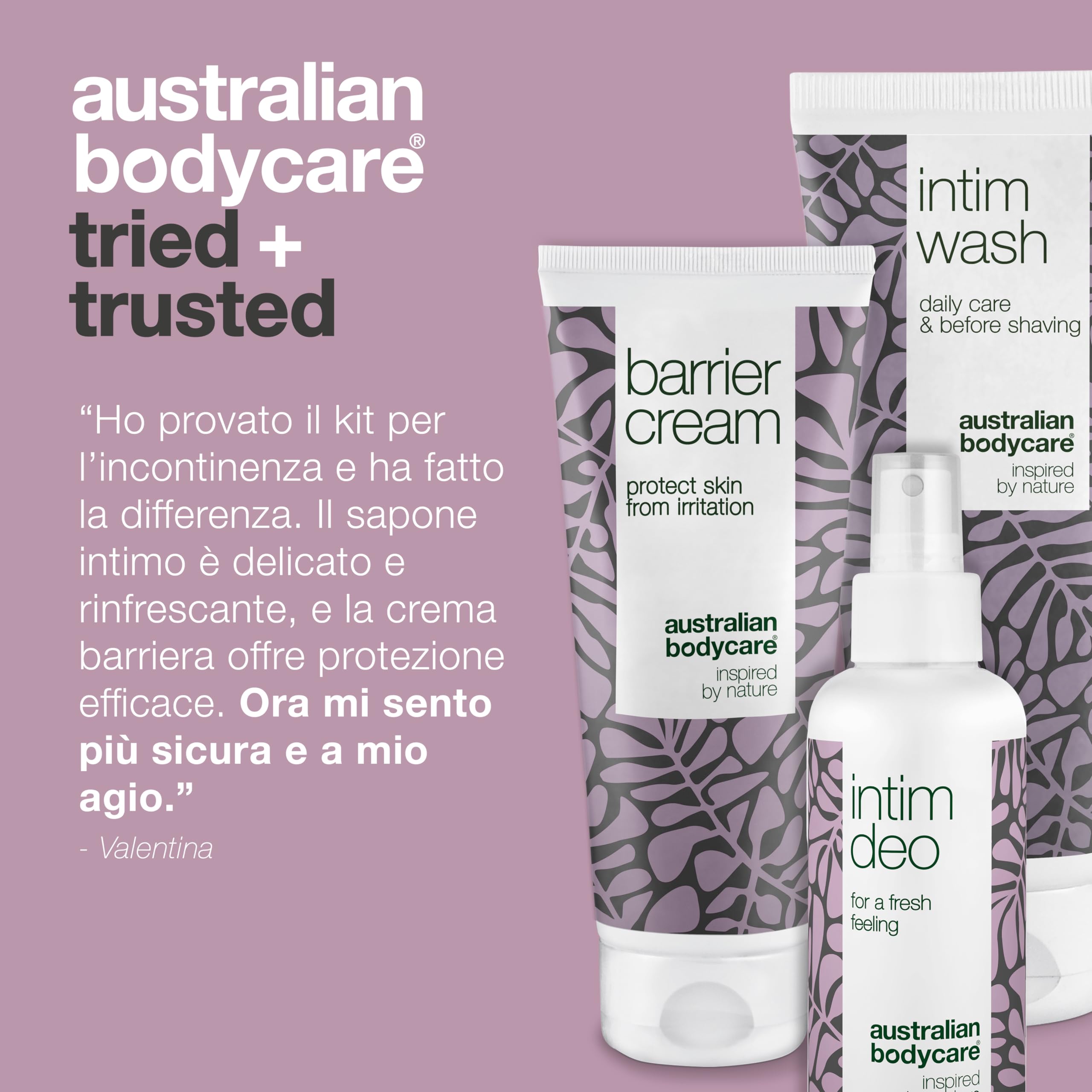 Kit per ridurre disagio e cattivo odore intimo dovuti all’incontinenza | Detergente intimo al Tea Tree Oil (200 ml), crema barriera (100 ml) e deodorante intimo (100 ml) contrastano batteri e odore