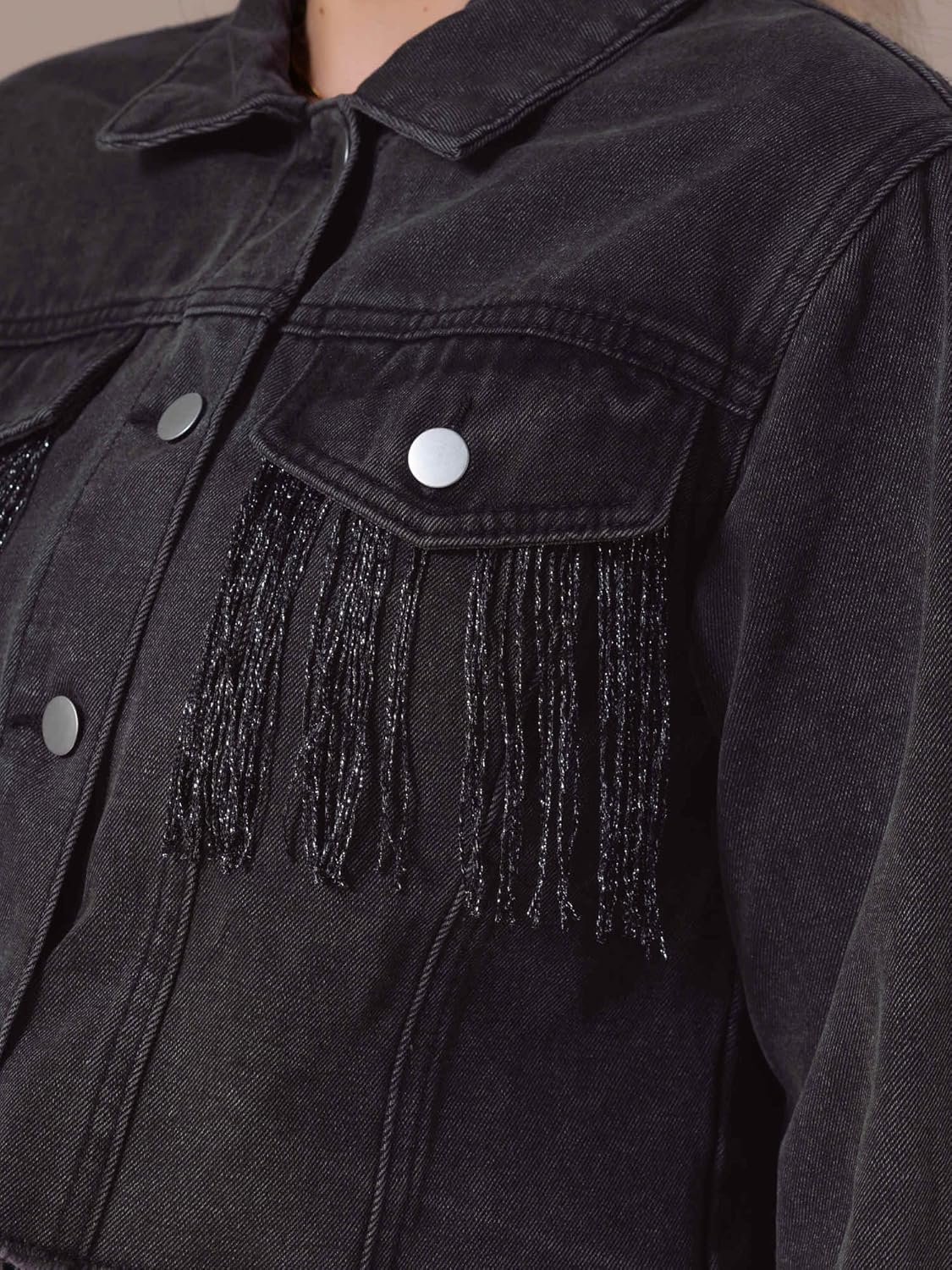 Womens Cropped Jean Jackets Long Sleeve Western Frayed Tassel Fringe Denim Jacket - Image 5