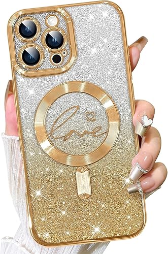 Fiyart - Funda transparente magnética con purpurina para iPhone 11 Pro Max para mujeres, con grabado "Love" metálico, protección para cámara y