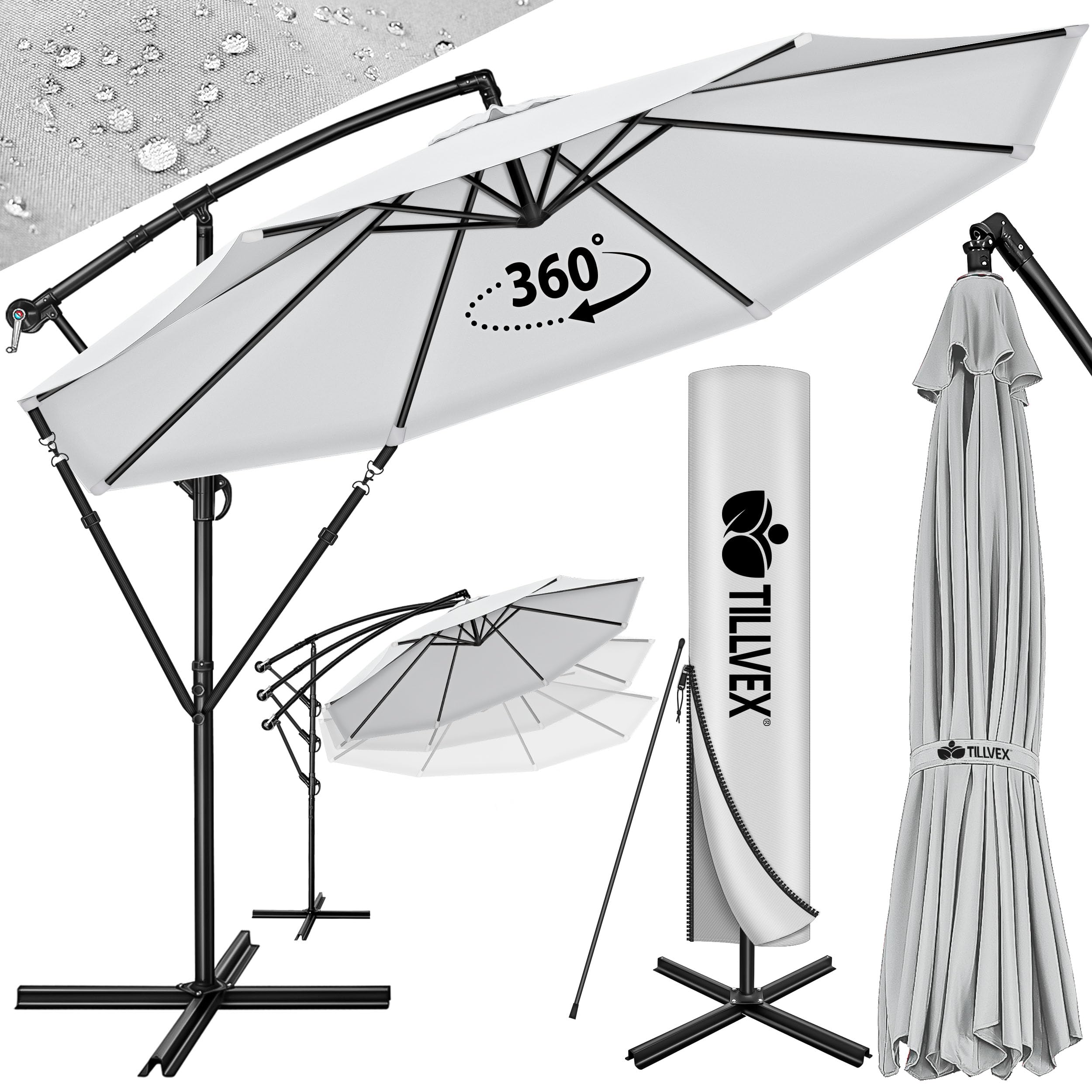 tillvex Alu Sonnenschirm + Abdeckung Ø 300 cm mit Kurbel | Ampelschirm mit Ständer & Windschutz | Gartenschirm UV-Schutz Aluminium | Kurbelschirm Marktschirm wasserdicht 360° drehbar Grau