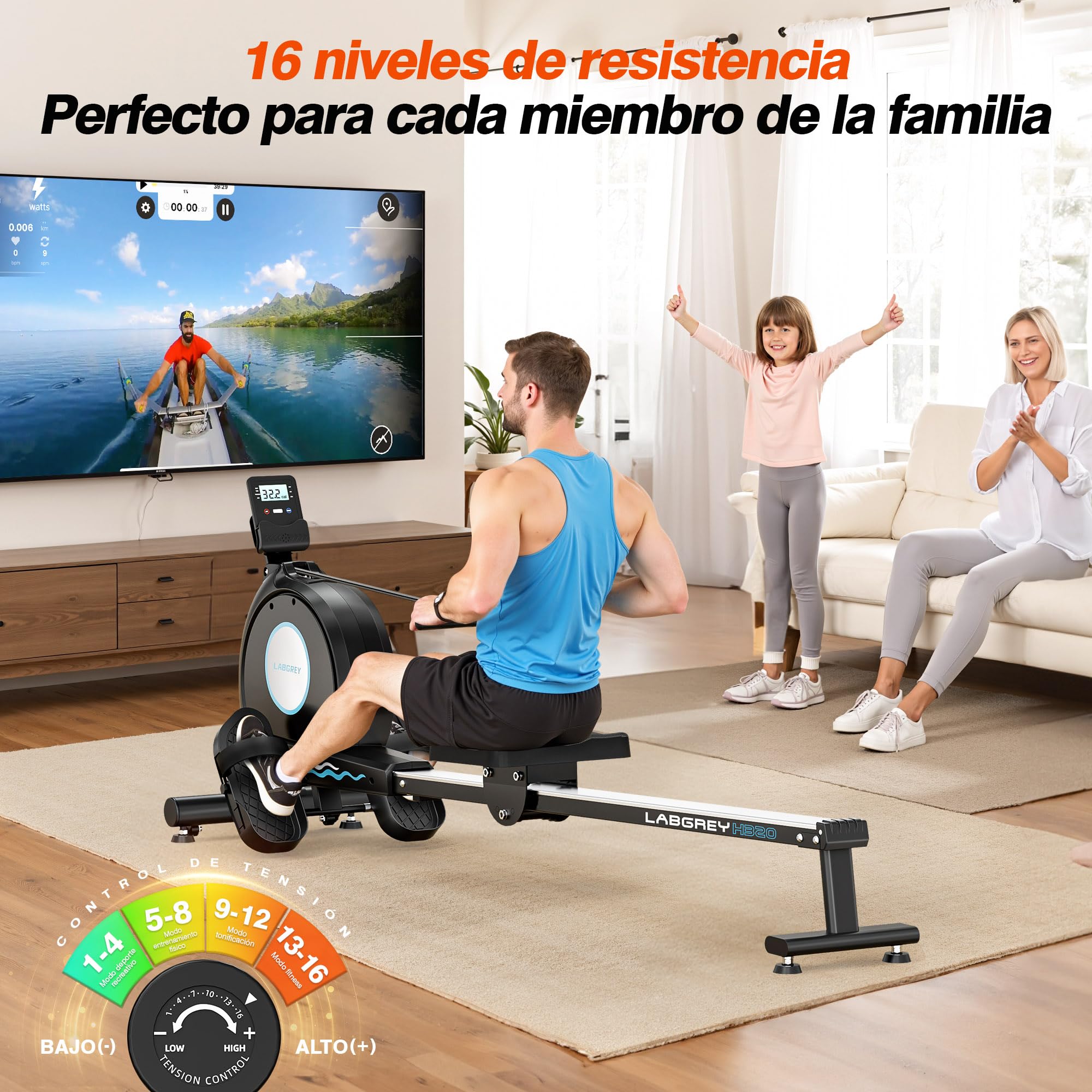 LABGREY Rameur Magnétique D'appartement, Rameur Bluetooth, Écran LCD, Silencieux, Capacité Maximale 158 kg, Idéal pour l’Entraînement Cardio à Domicile