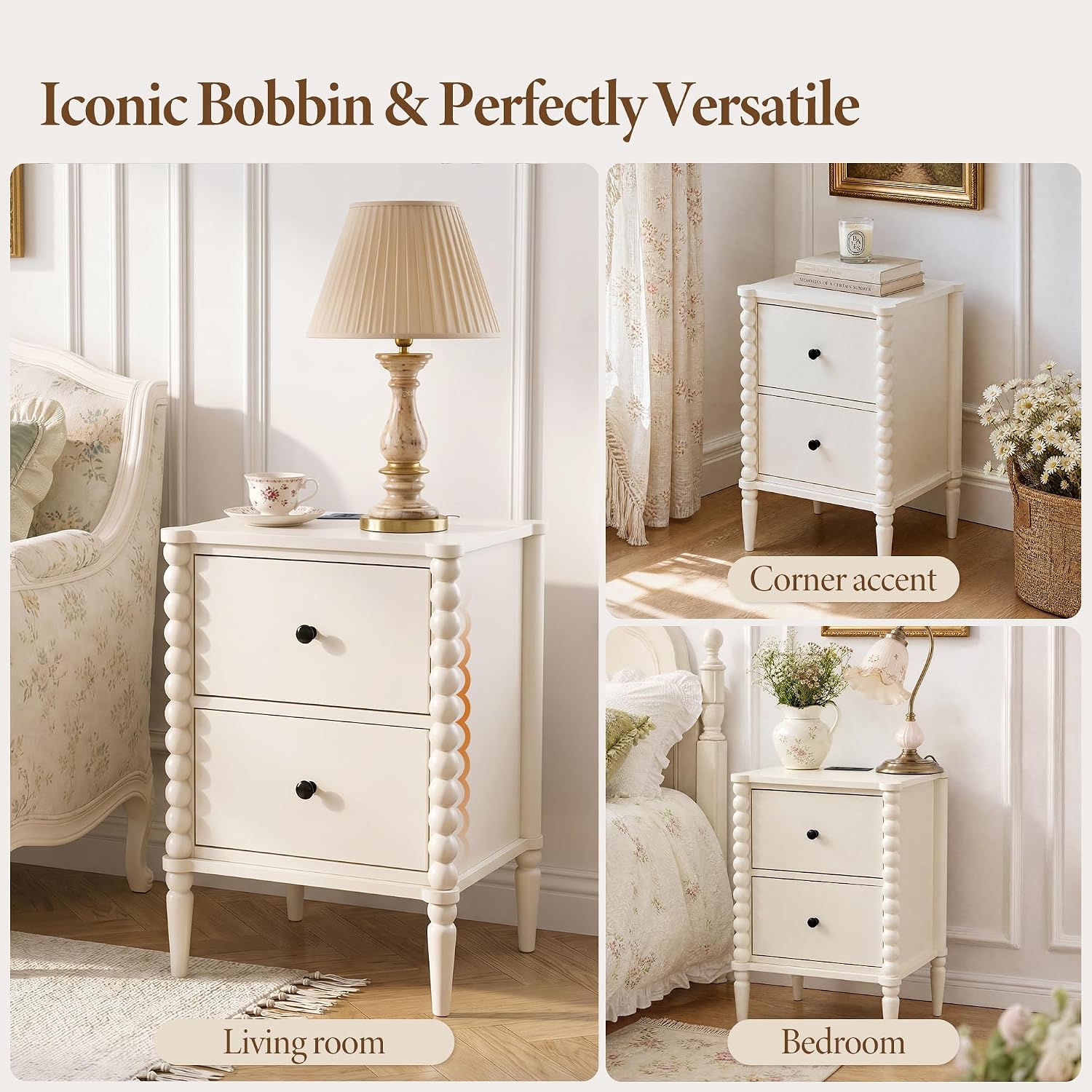 Afuly White Night Stand Vintage Nightstand Bedside Table with Charging Station, Wood Nightstands Organizer Bed Side Table with 2 Drawers, Beaded Narrow Farmhouse End Table for Bedroom Small Spaces