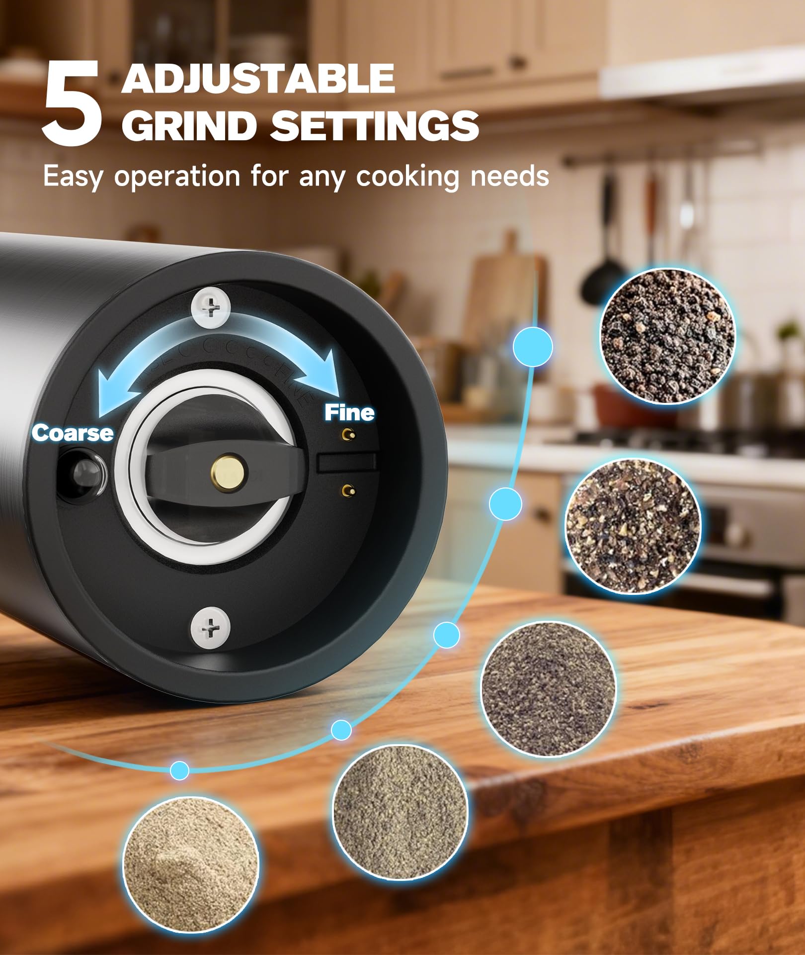 Ringco Elektrische Salz- und Pfeffermühle Set mit Ladebasis, Wiederaufladbare Salz- und Pfeffermühle mit einstellbarer Grobheit, LED-Licht, 110 ml Große Kapazität für Küche, Outdoor