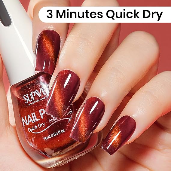 Burgundy Cat Eye Nail Polish Non Gel, Air Dry Magnetic Nail Polish for Fingernail Toenail, Fast Drying, High Glossy, Chip Resistant, Vegan, Long Lasting, Large Capacity 16ml/0.54fl oz