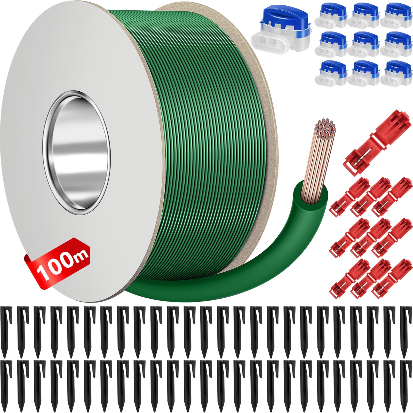 Cavo Perimetrale Robot Tagliaerba da 100m | Scorta Maxi con 50 Picchetti, 10 Connettori & 10 Morsetti | Universale per Gardena, Bosch, Husqvarna, Worx