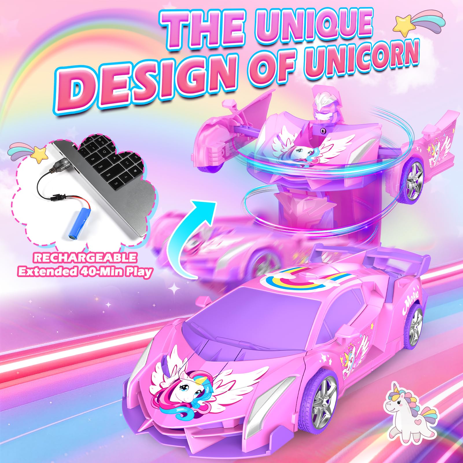 Unicornio Coche Teledirigido Niña, 2 en 1 Radiocontrol Transformar Coche RC 2,4GHz & Rotación 360°, Robot Unicornio Juguetes Niña 3 4 5 6 7 8 9 Años, Regalo Cumpleaños Navidad para Niños de Pascua