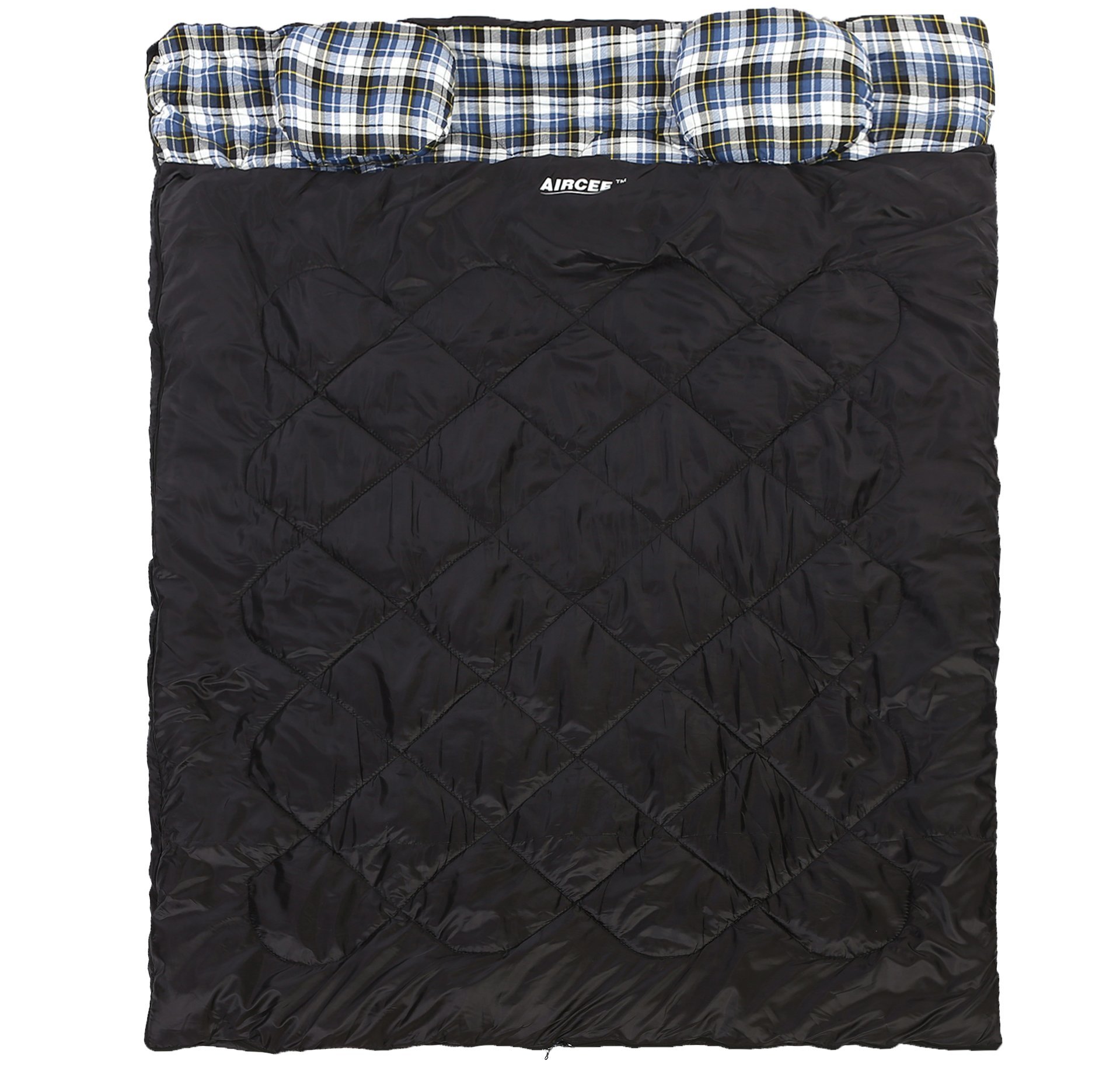 Double 2 Person Queen Size Flannel Liner Double Sleeping Bag With Pillows 15 Degrees (Black)