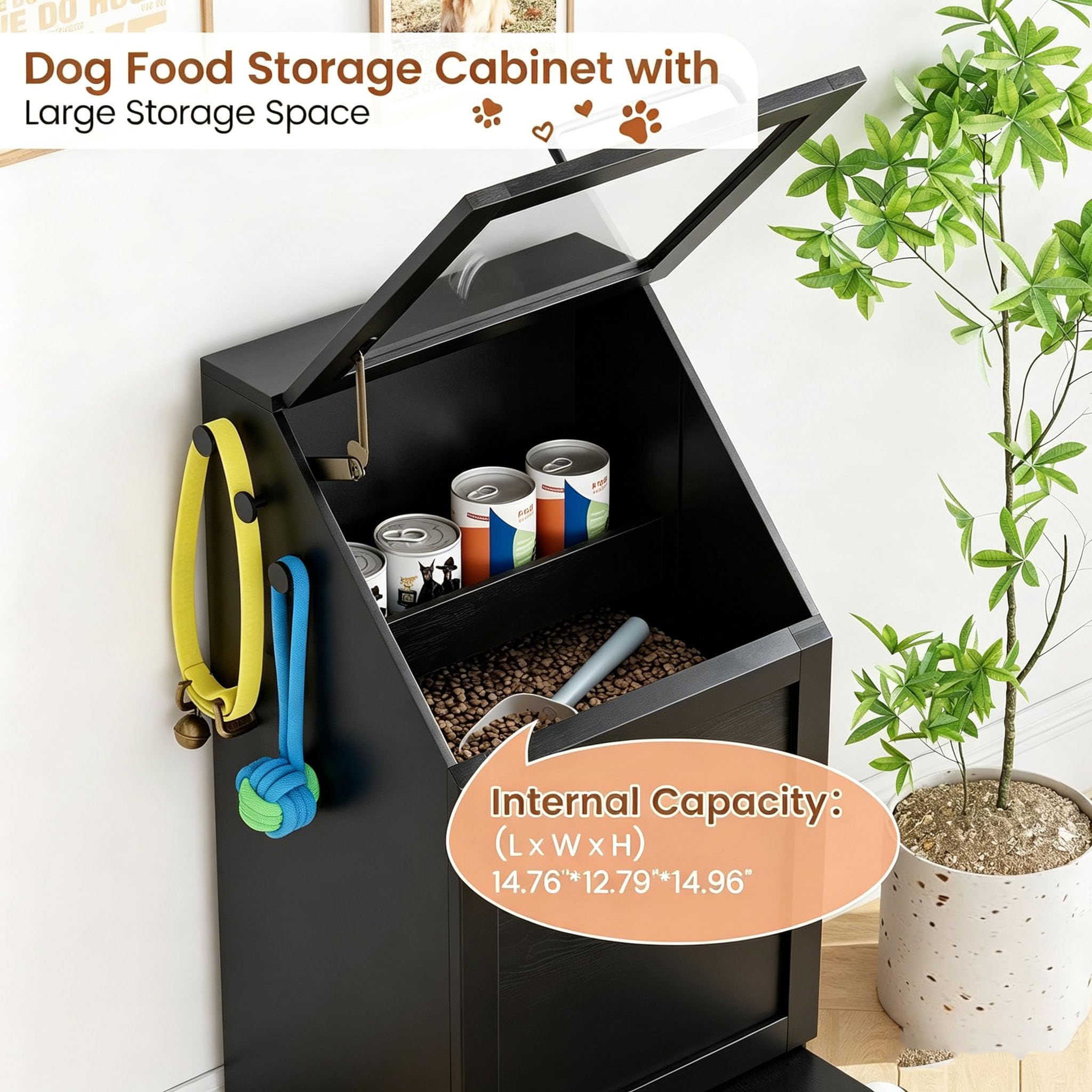 Garvee Station d'alimentation pour Chiens, Meuble d'armoire Alimentaire avec 2 Gamelles Surélevées pour Chien, Boîte de Rangement 3 Crochets, Organisateur de Jouets pourAnimaux Domestiques