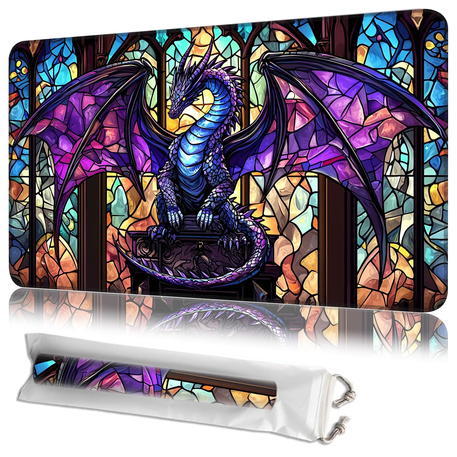 JANENFNA TCG Card Playmat 24" x 14" with Storage Bags for MTG Game Play Mats, Premium Stitched Non-Slip Rubber Tabletop Magic Play Mats Desk Duel Card Breaking Mats, Purple Dragon โ image 1