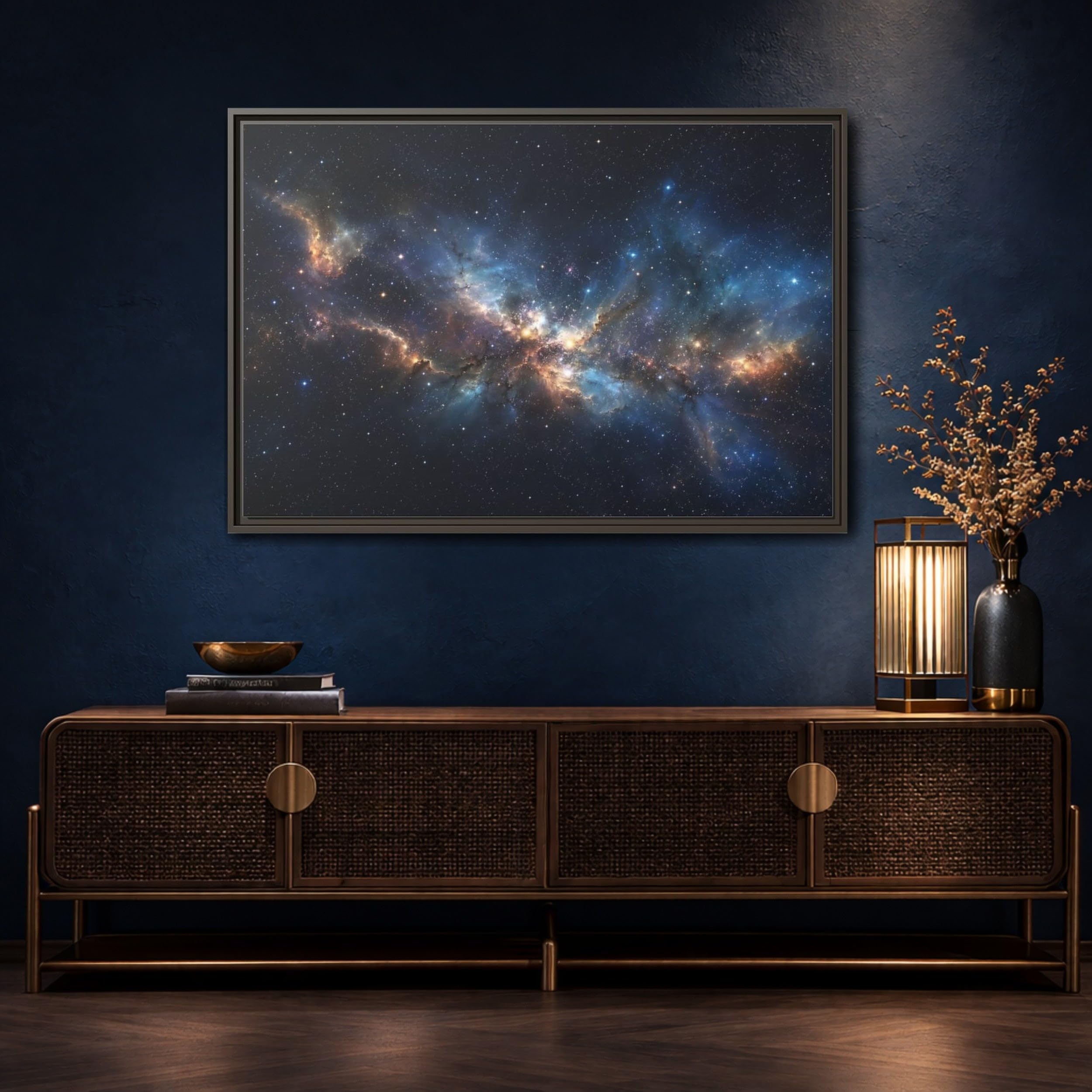 Science Fiction Nebula Blue And Orange Framed Canvas Wall Art Print – Modern Living Room Above Console Table 36×24 inch (90×60 cm) - Horizontal/Black / 1.25 inch (3 cm)