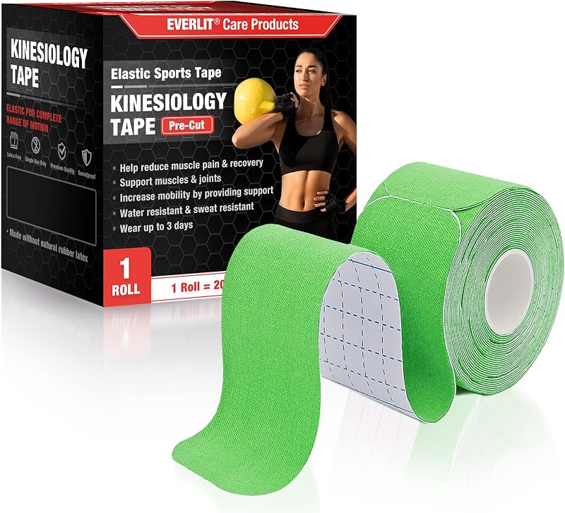 EVERLIT [Individual] Cinta deportiva terapéutica de kinesiología de algodón elástico precortada, para alivio y soporte del dolor, 20 tiras precortadas de 10" (verde lima)