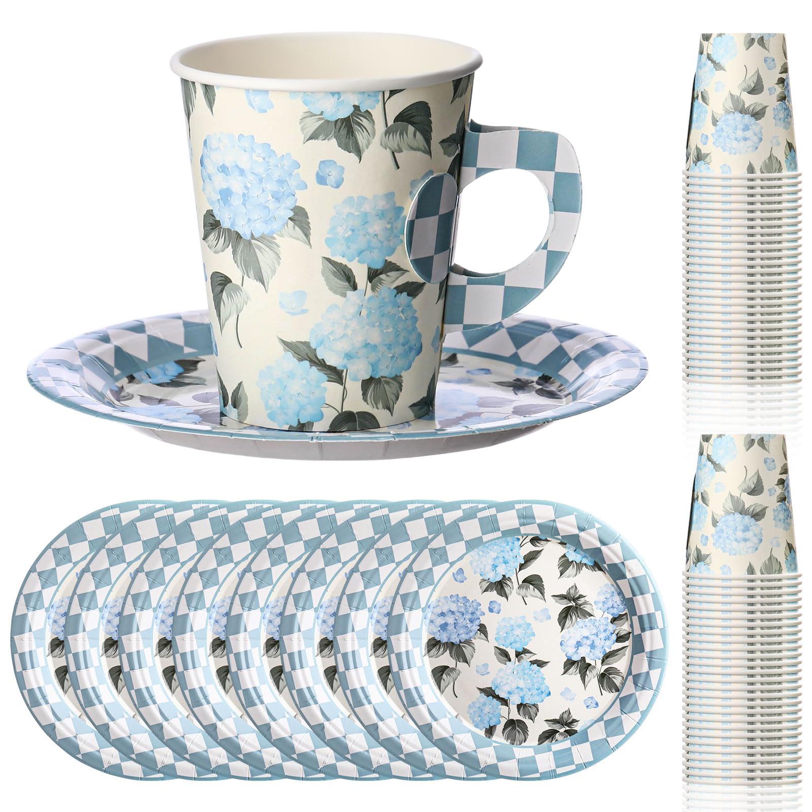 Rtteri 20 Sets Floral Tea Cups and Saucers Disposable Tea Party Decorations Blue White Hydrangea Paper Cups with Handles and Plates for Weddings Birthday Baby Shower Party